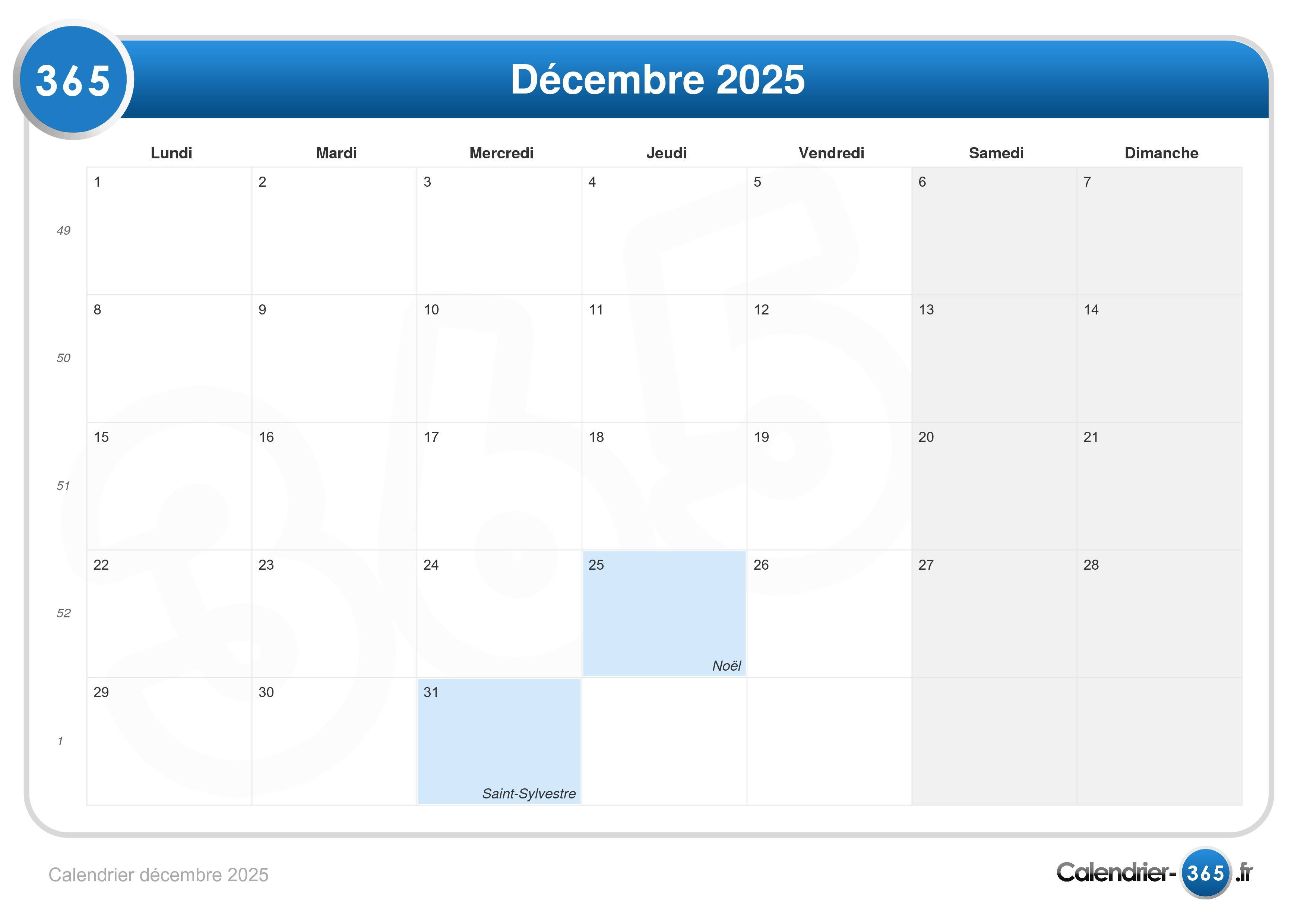Calendrier décembre 2025