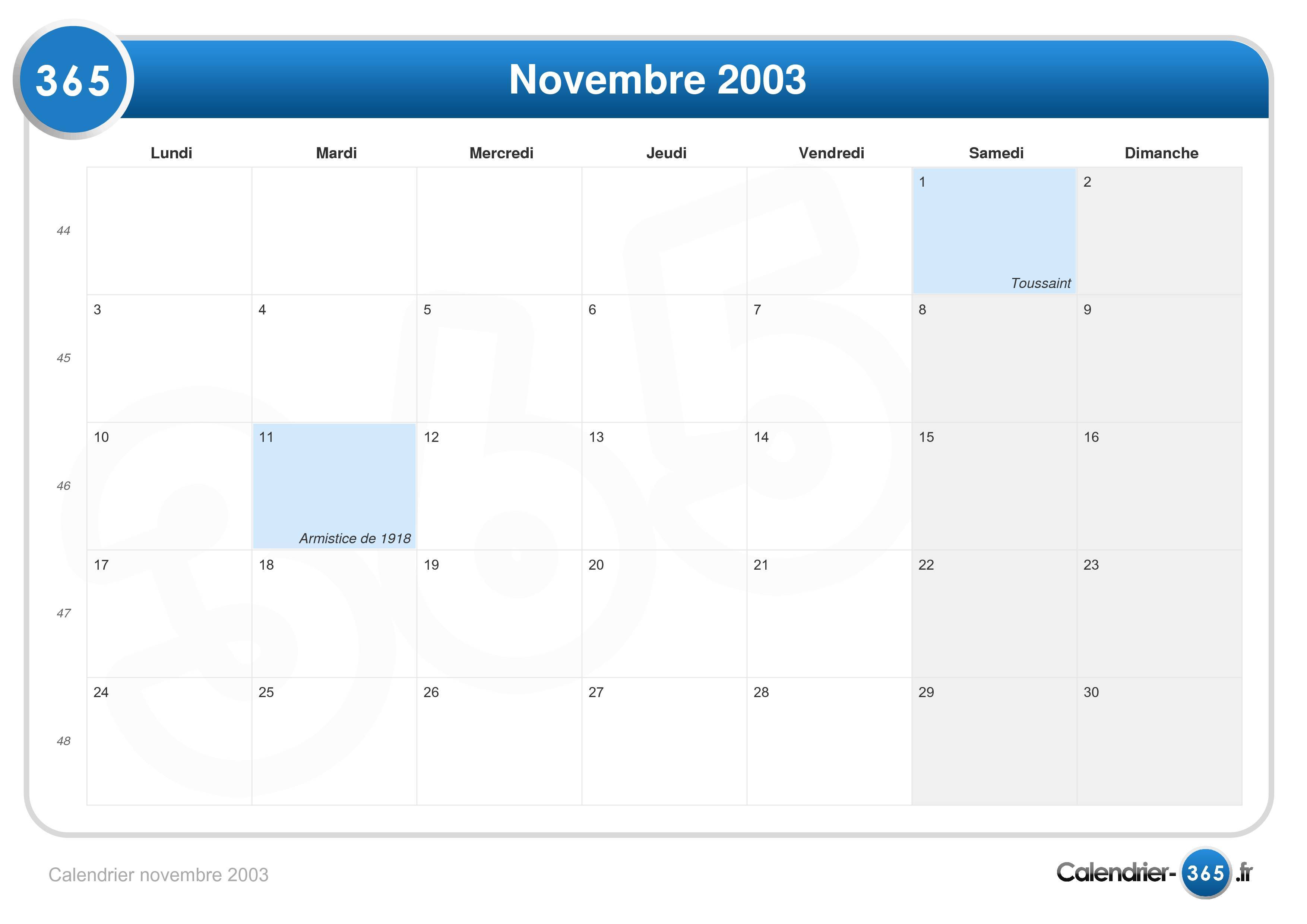 Calendrier novembre 2003