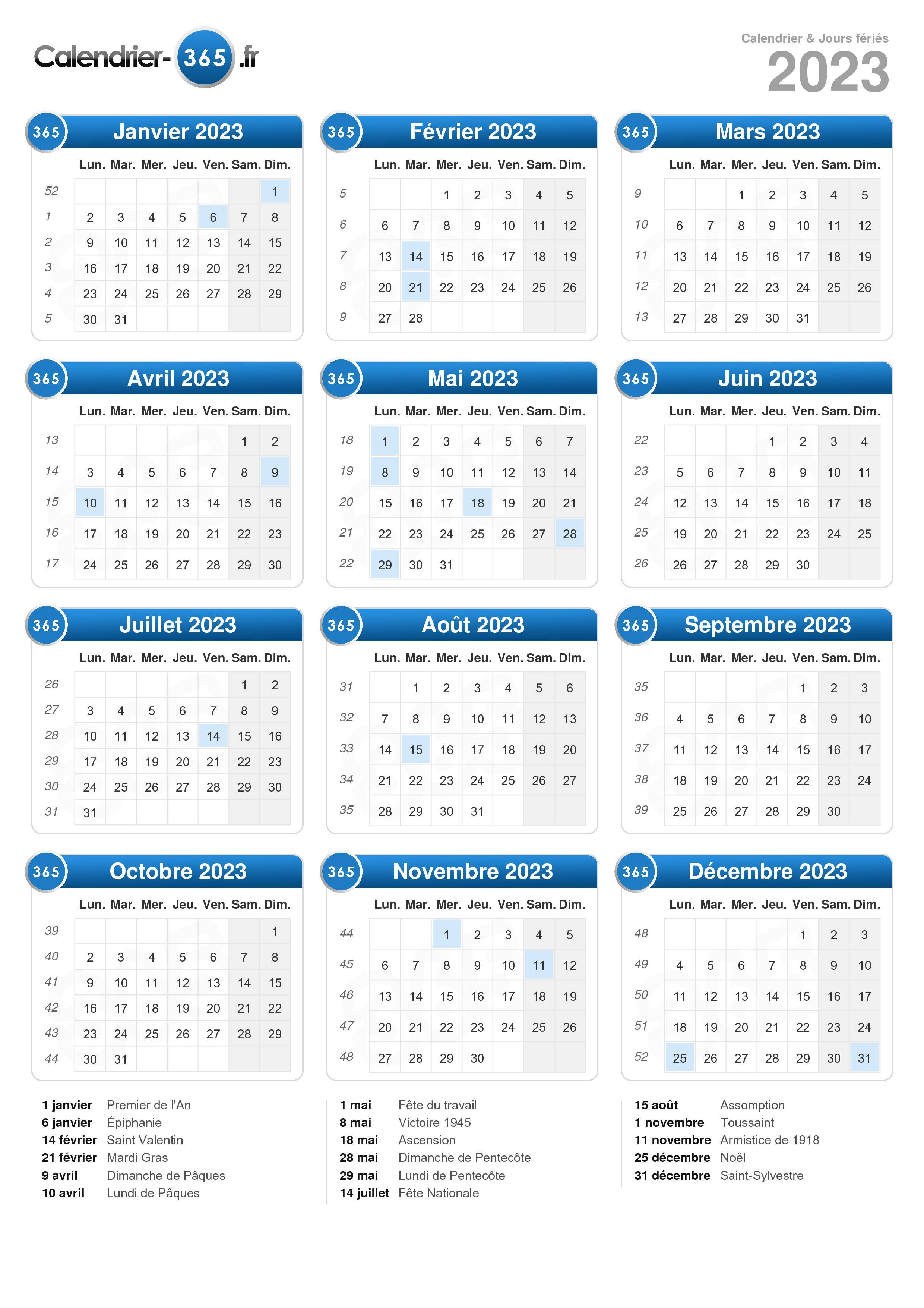 Calendrier 2023 avec jours fériés en France et numéro des semaines