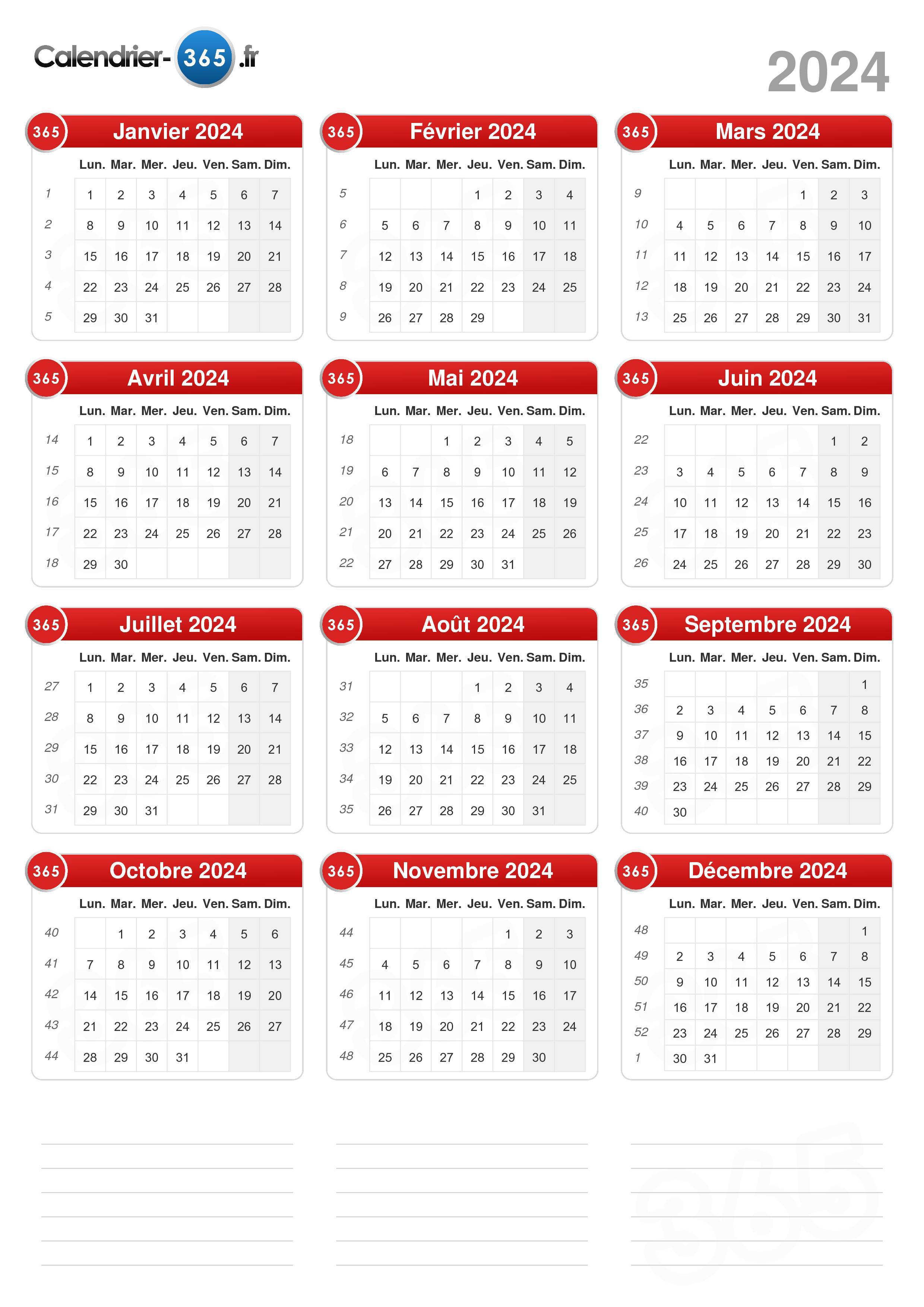 Numéro de semaine 2024-2025 : liste - dates - calendrier
