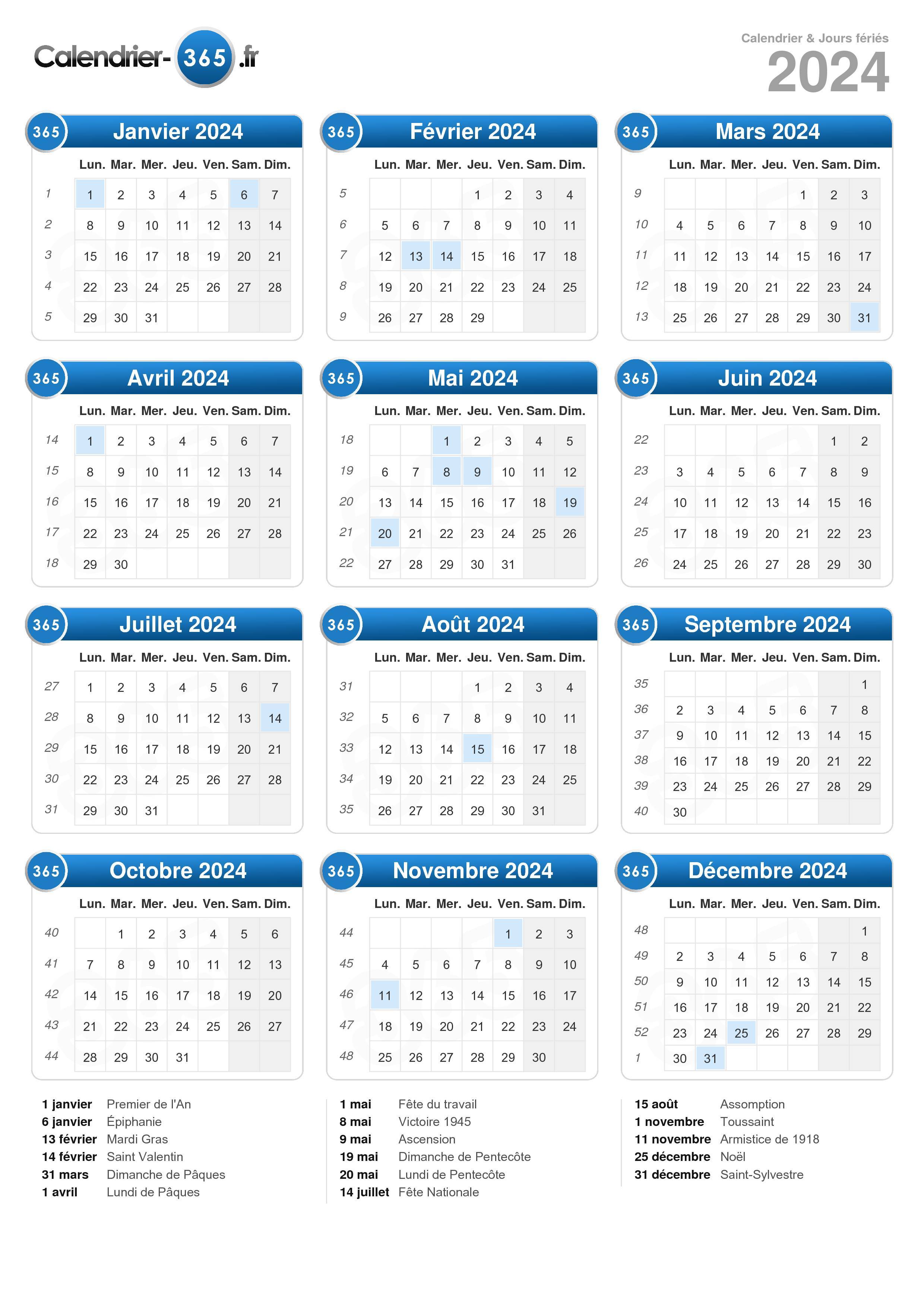 Calendrier 2024 à imprimer, annuel avec les fêtes, format paysage