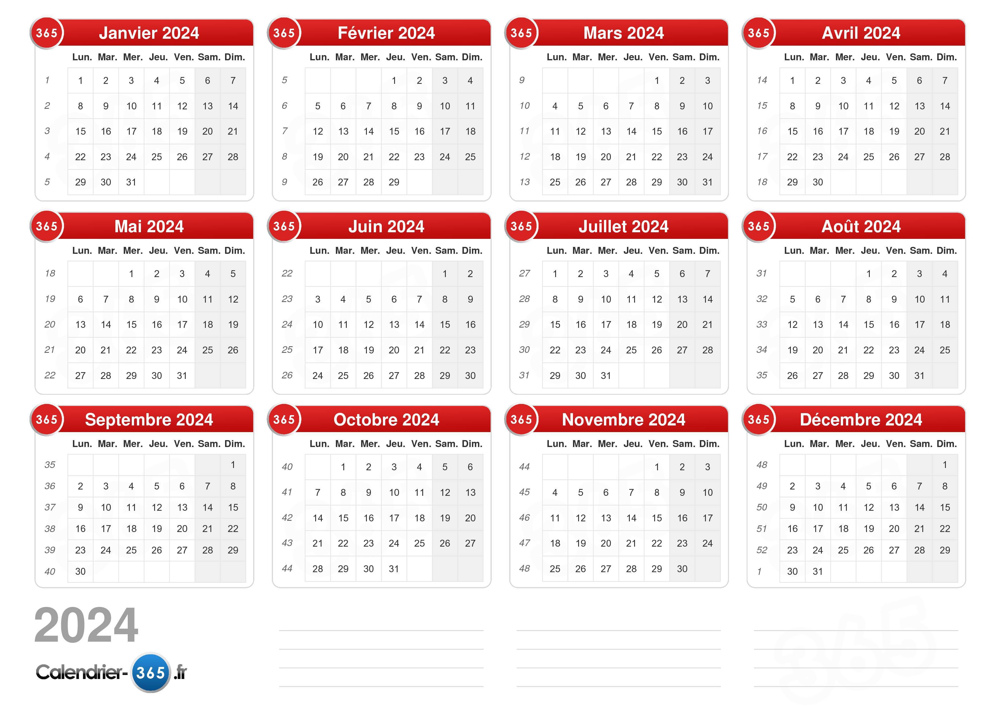 Calendrier 2024 à imprimer : jours fériés, vacances, numéros de semaine,  format Excel, PDF…