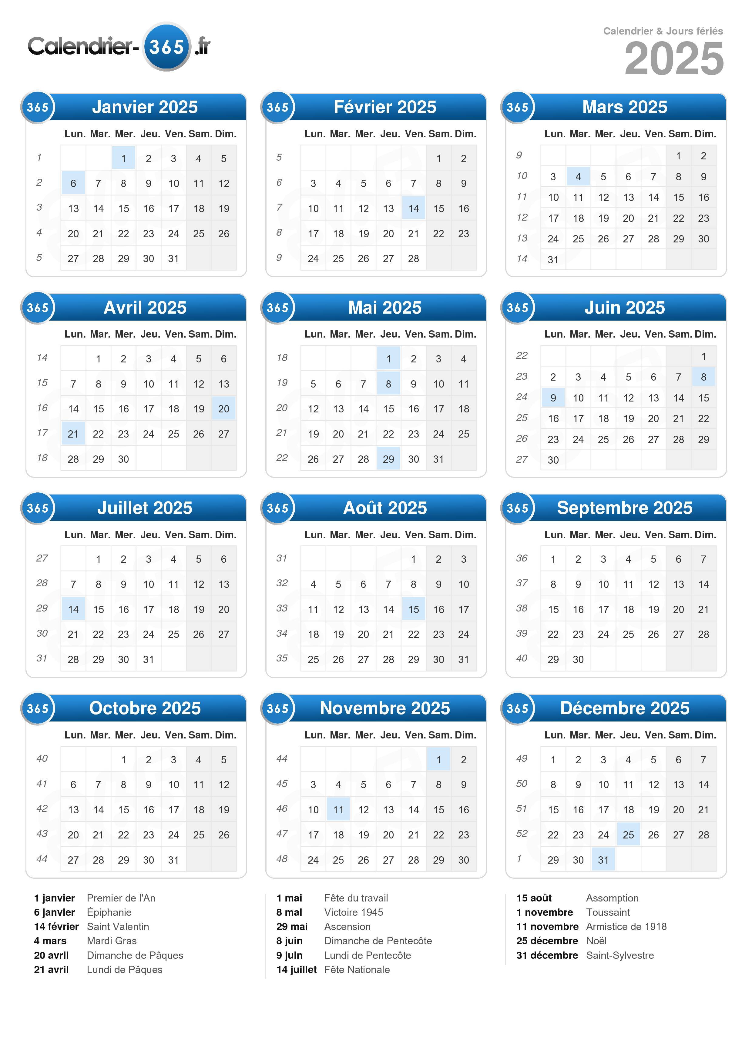 Calendrier 2025