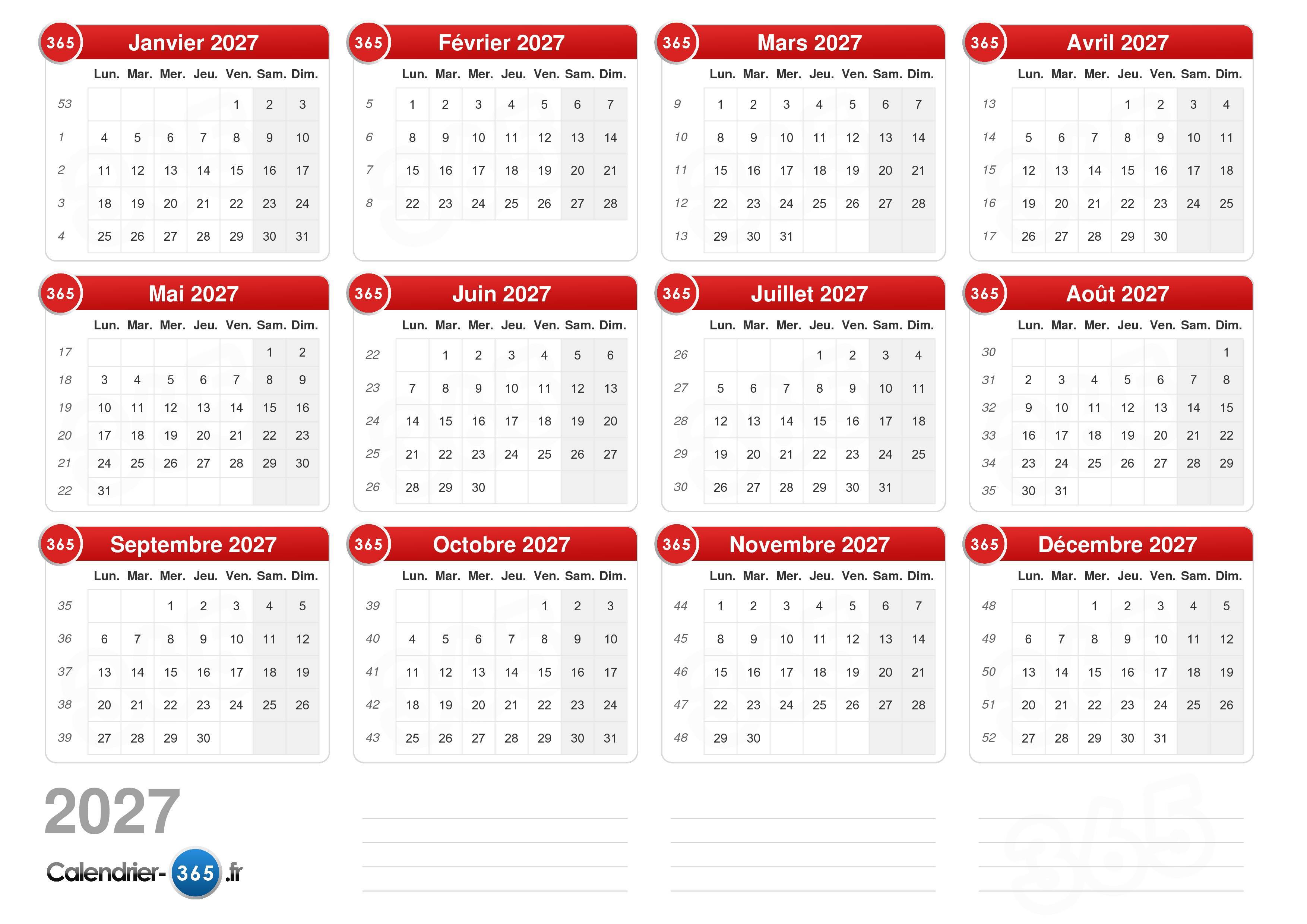 Calendrier 2027