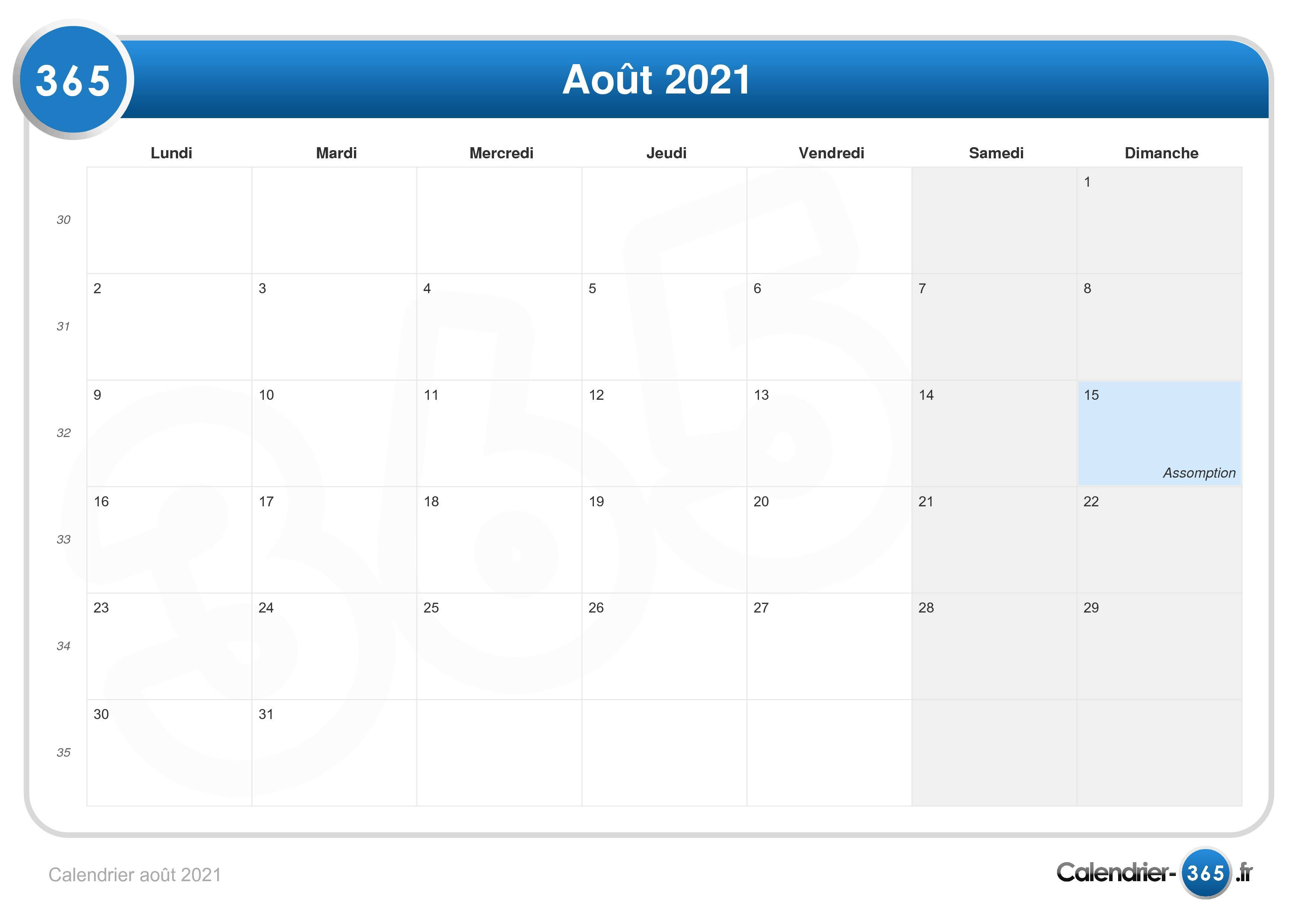 Calendrier août 2021