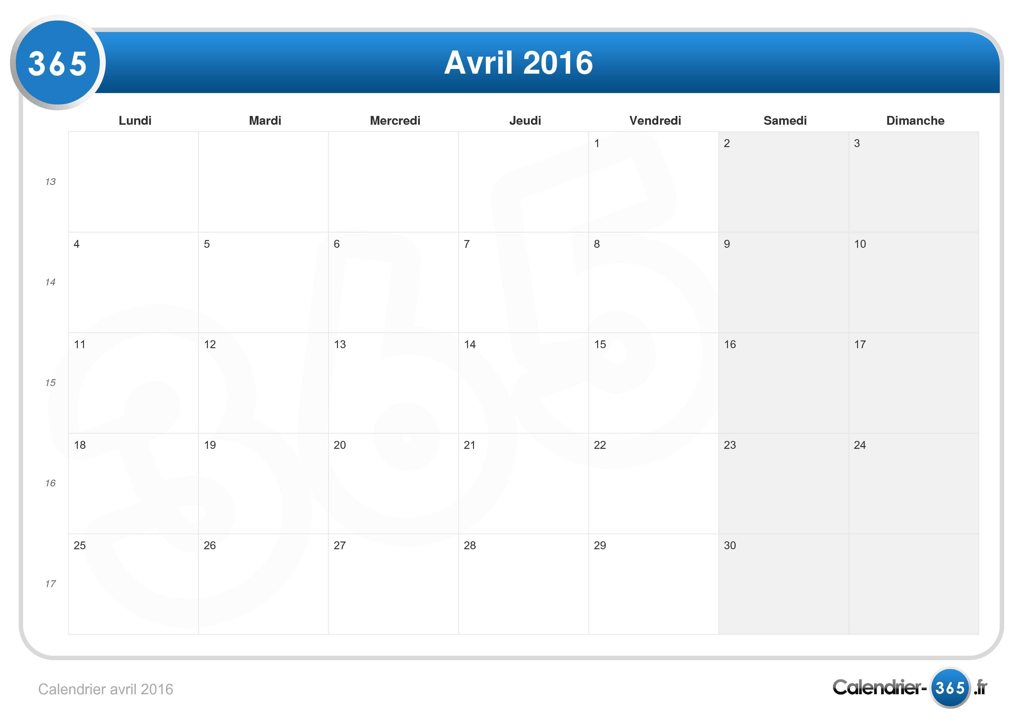 Calendrier Avril 2016