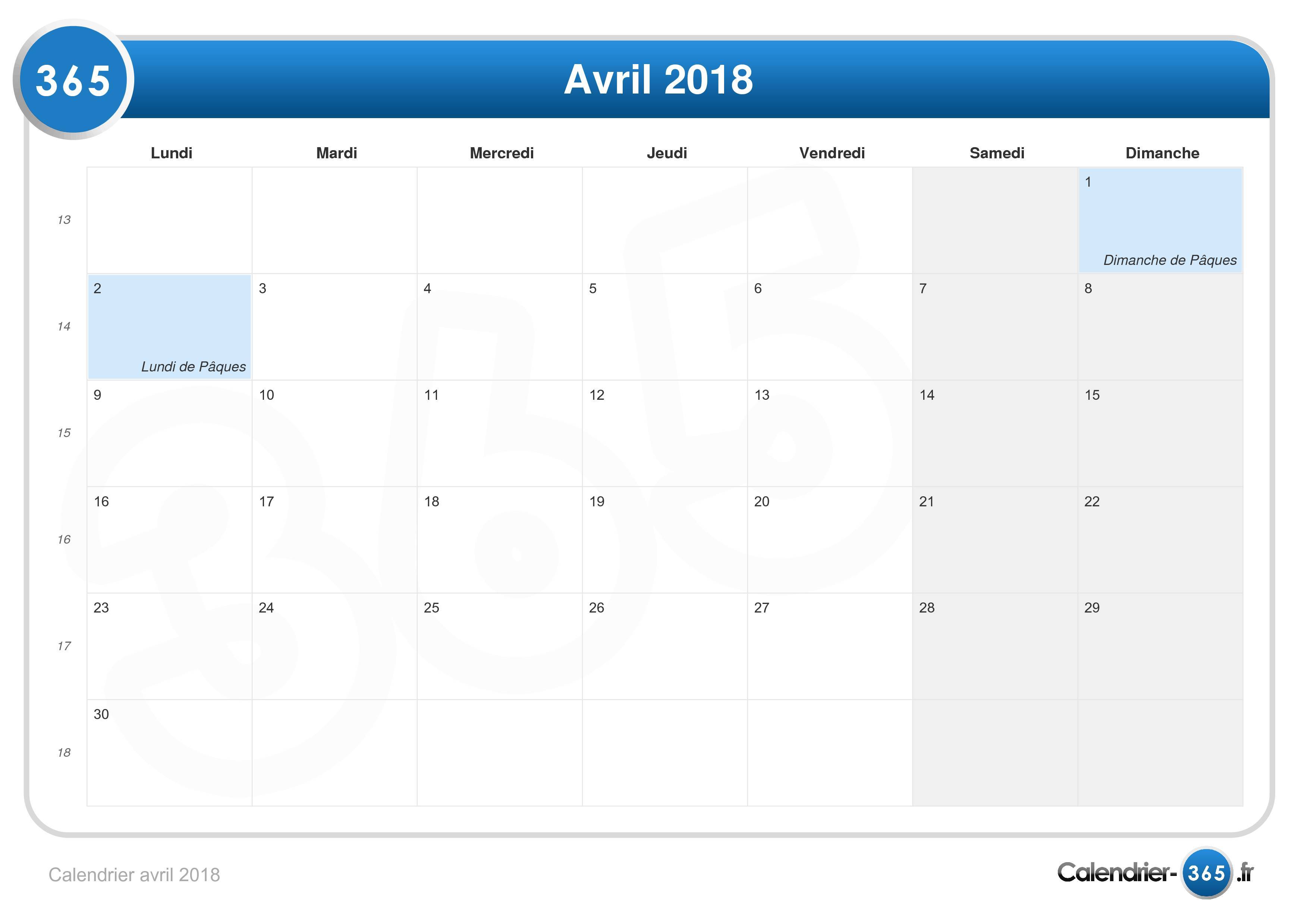 Calendrier Avril 2018