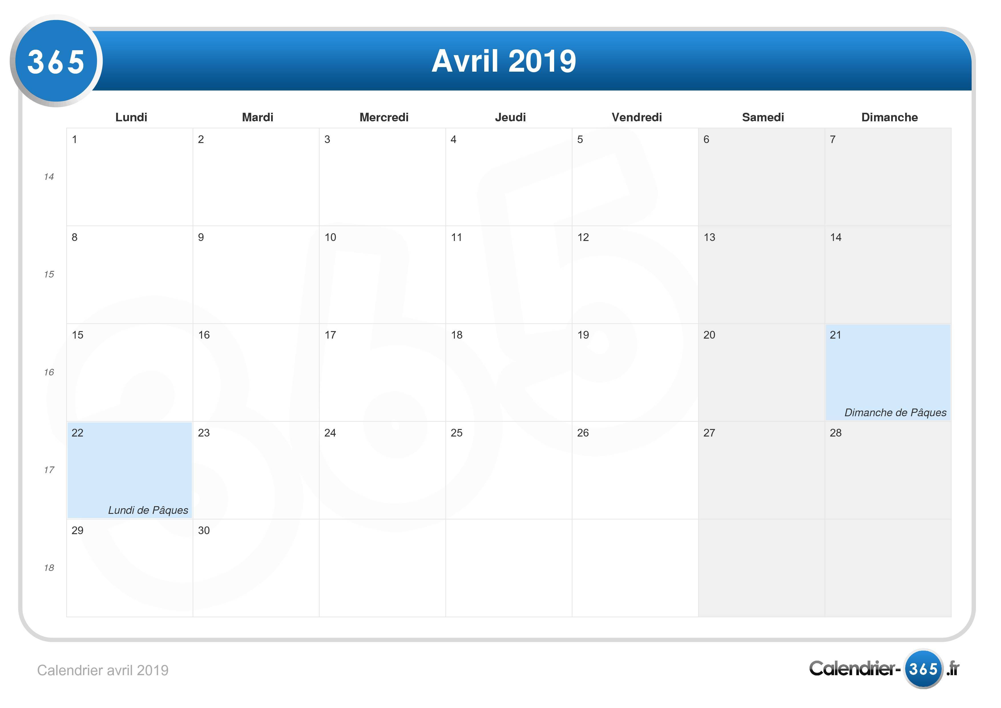 Calendrier Avril 2019