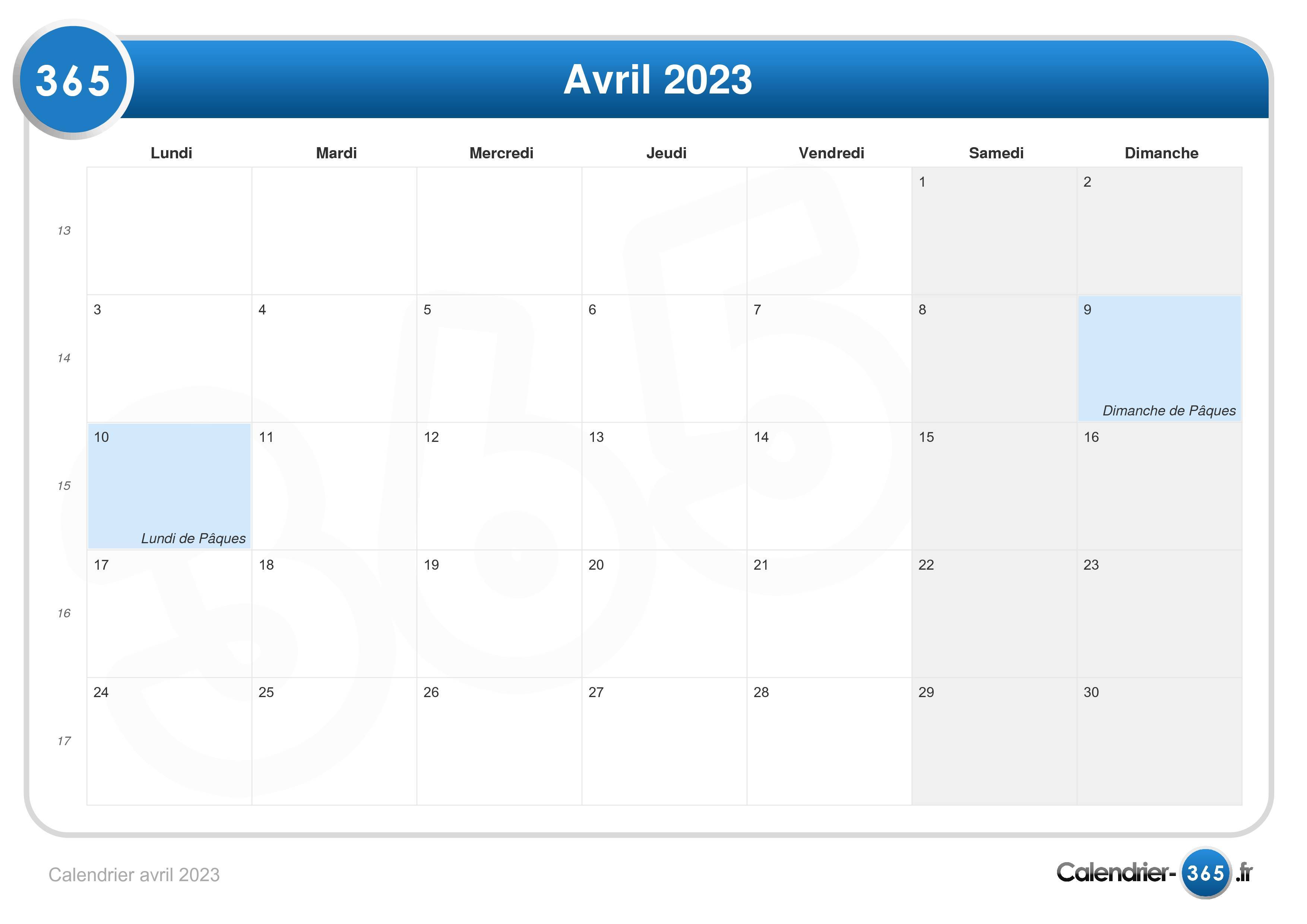 Calendrier Avril 2023