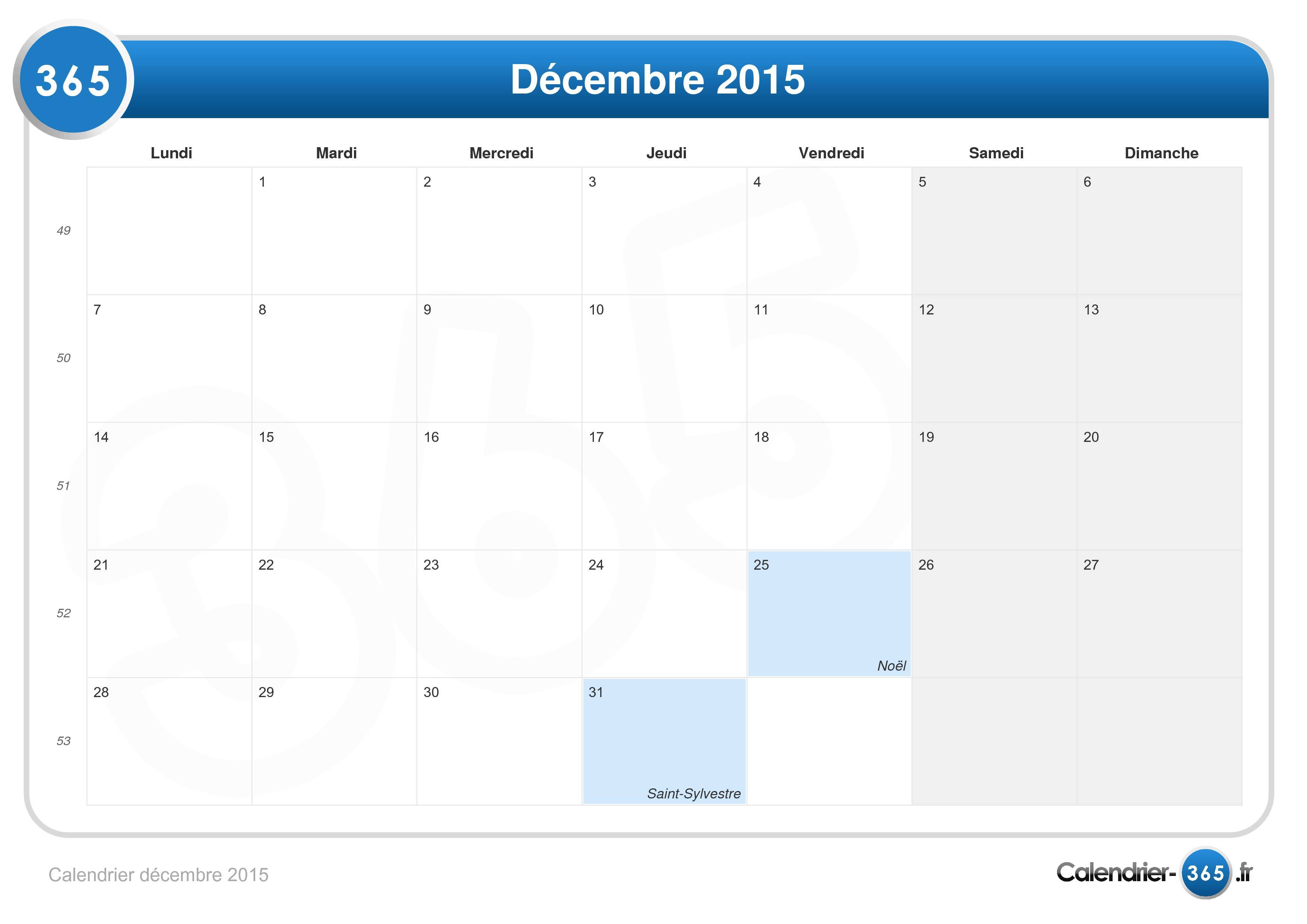 Calendrier Décembre 2015