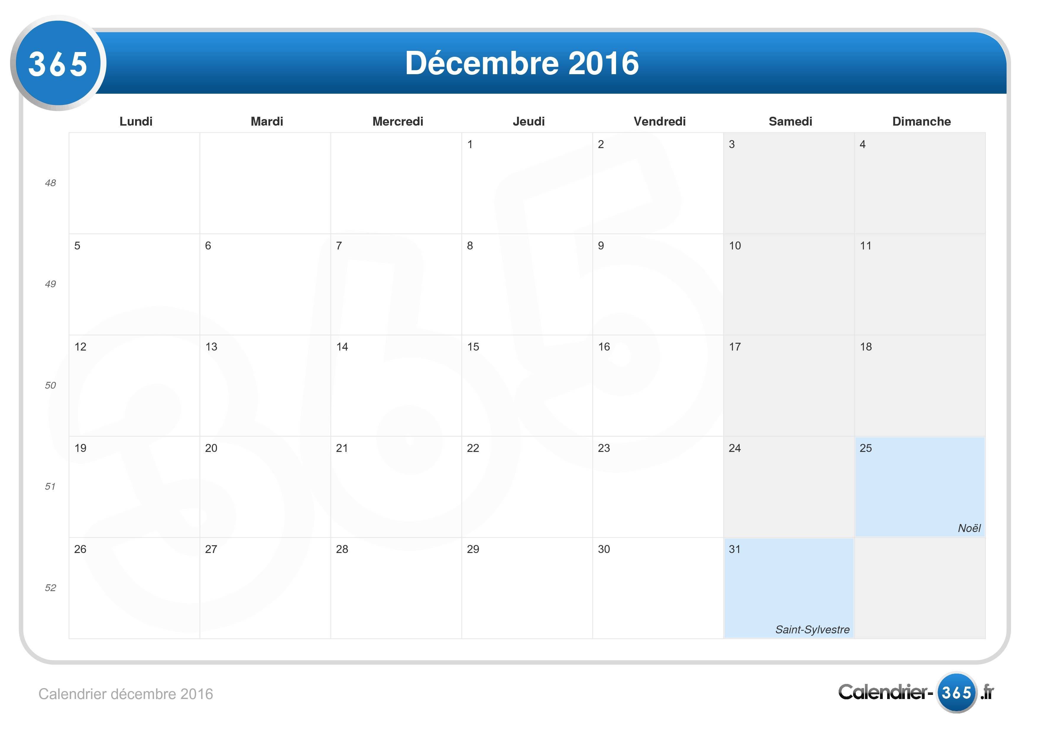 Calendrier Décembre 2016