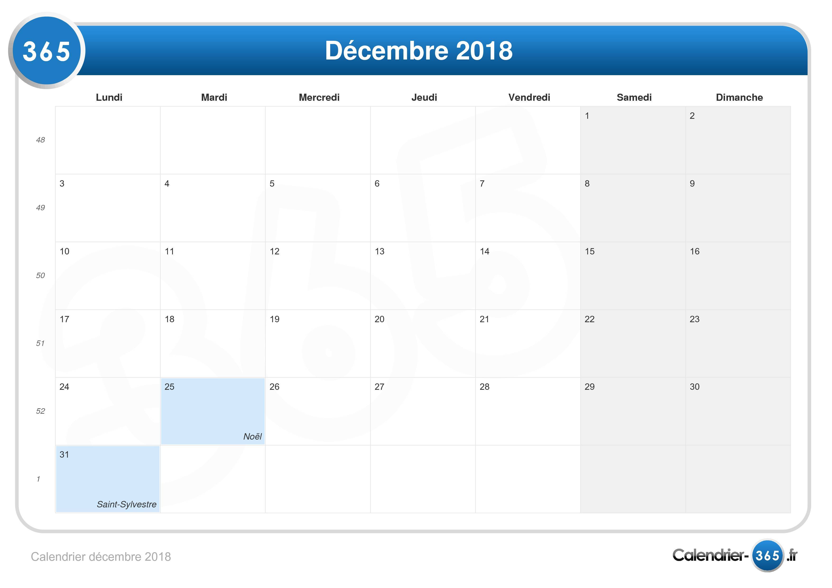 Calendrier Décembre 2018