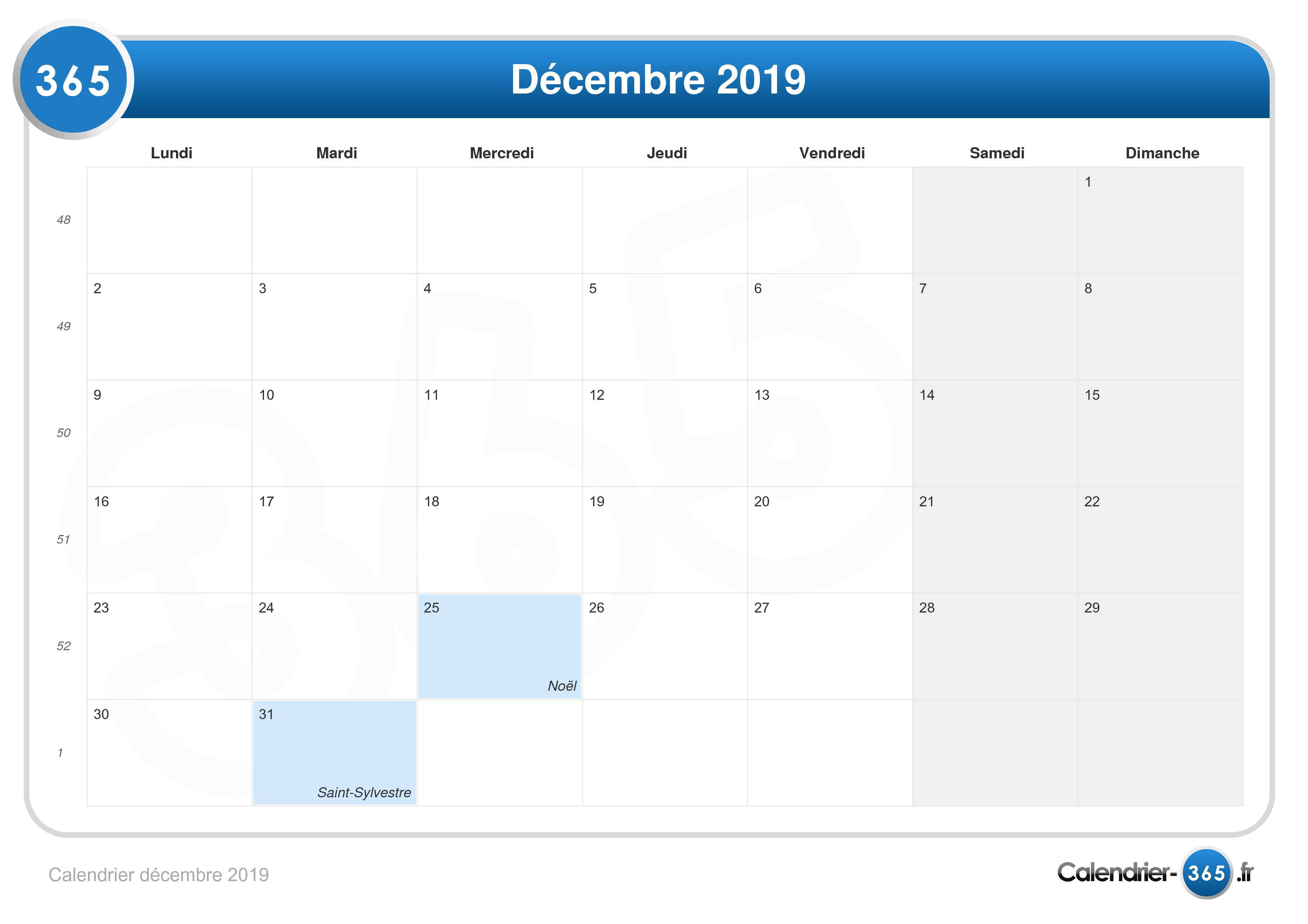 Calendrier Décembre 2019