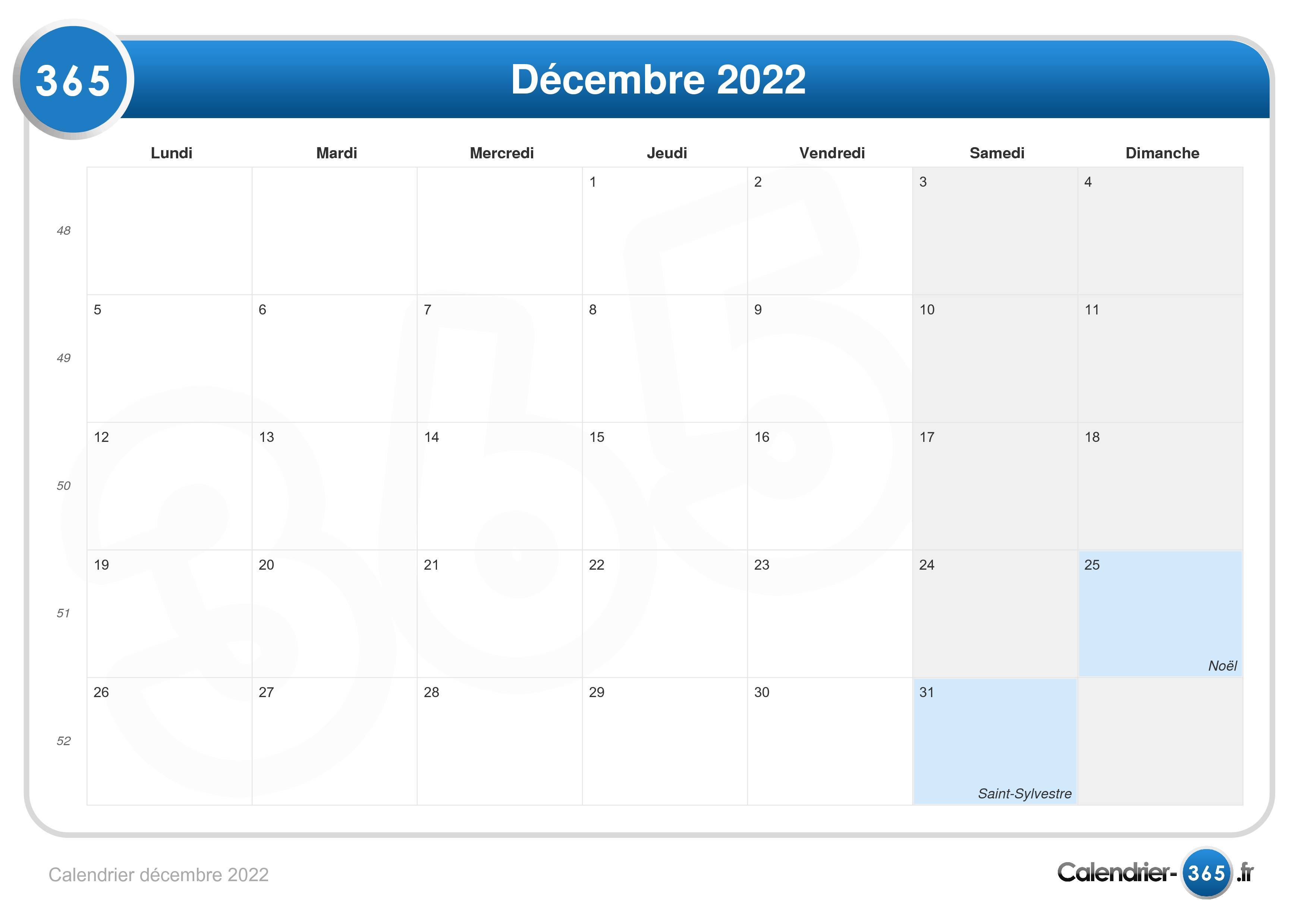 Calendrier Décembre 2022 Calendrier décembre 2022