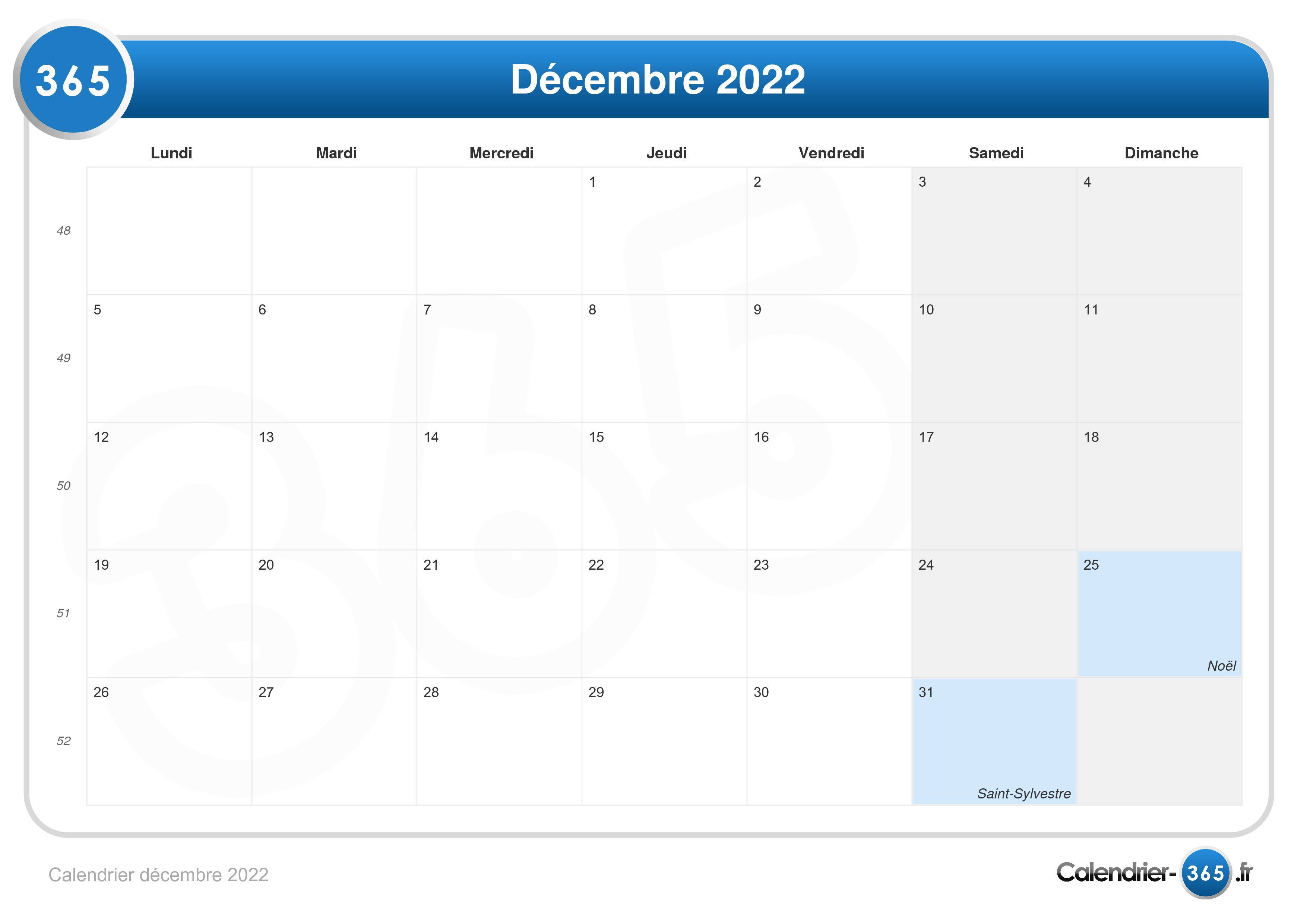 Calendrier Decembre 2022 A Imprimer Calendrier décembre 2022