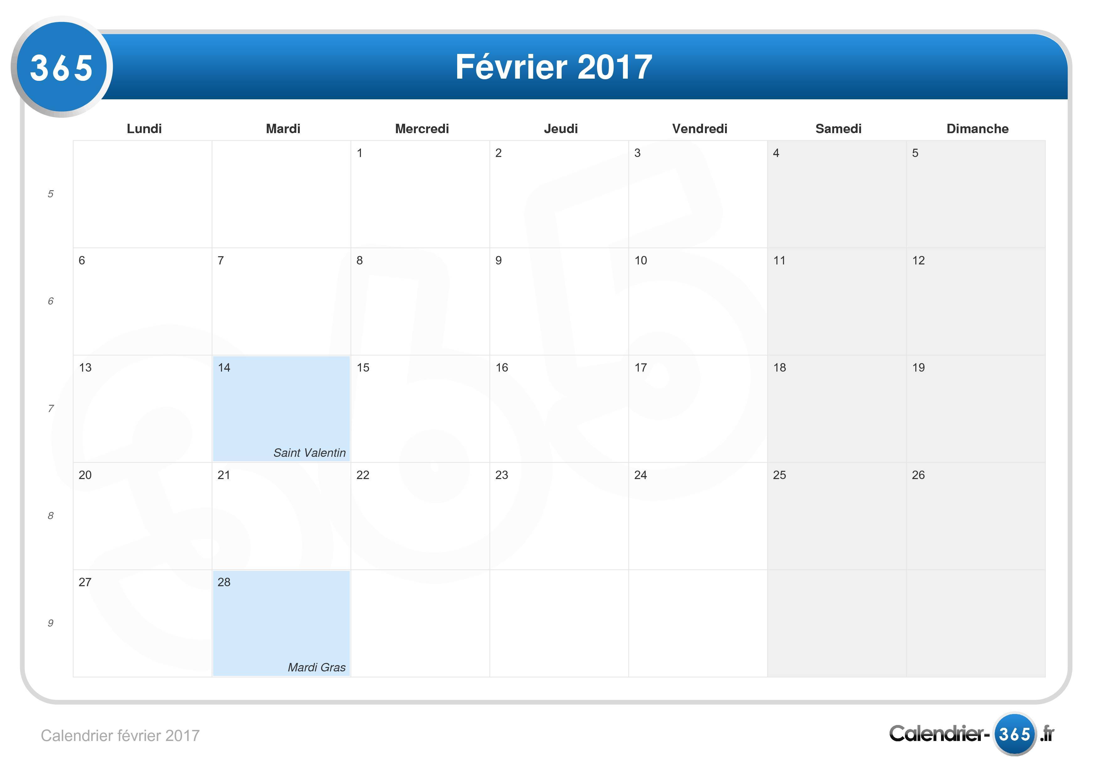 Calendrier Février 2017