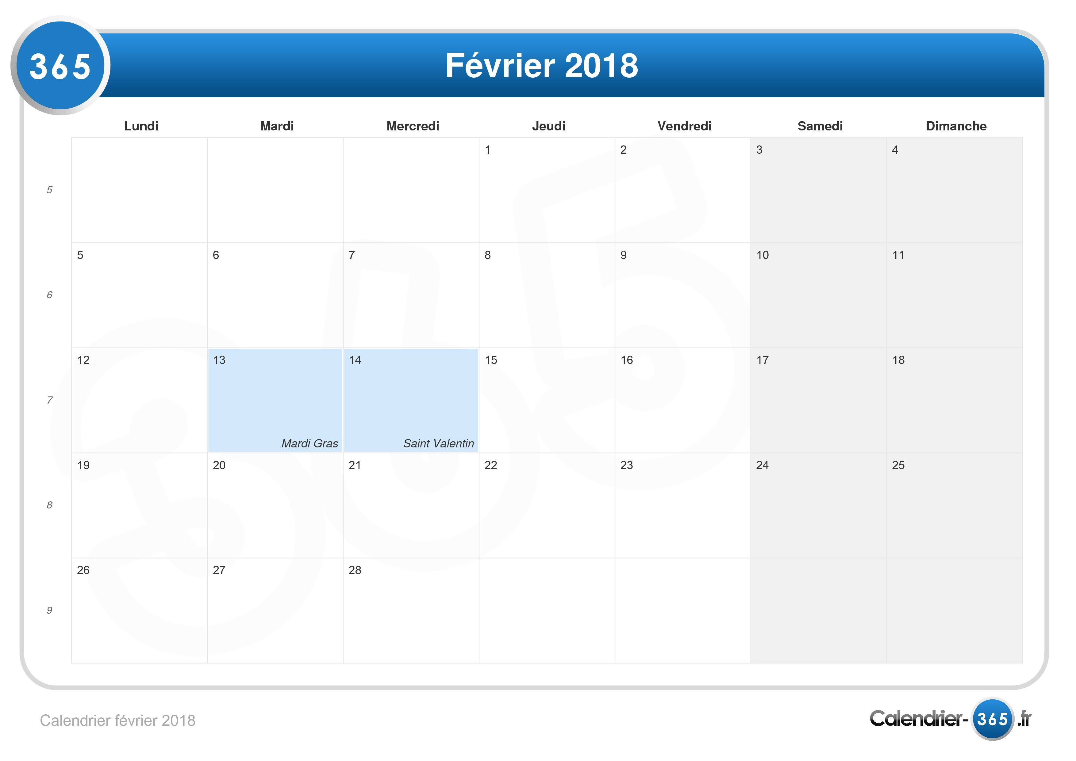 Calendrier Février 2018