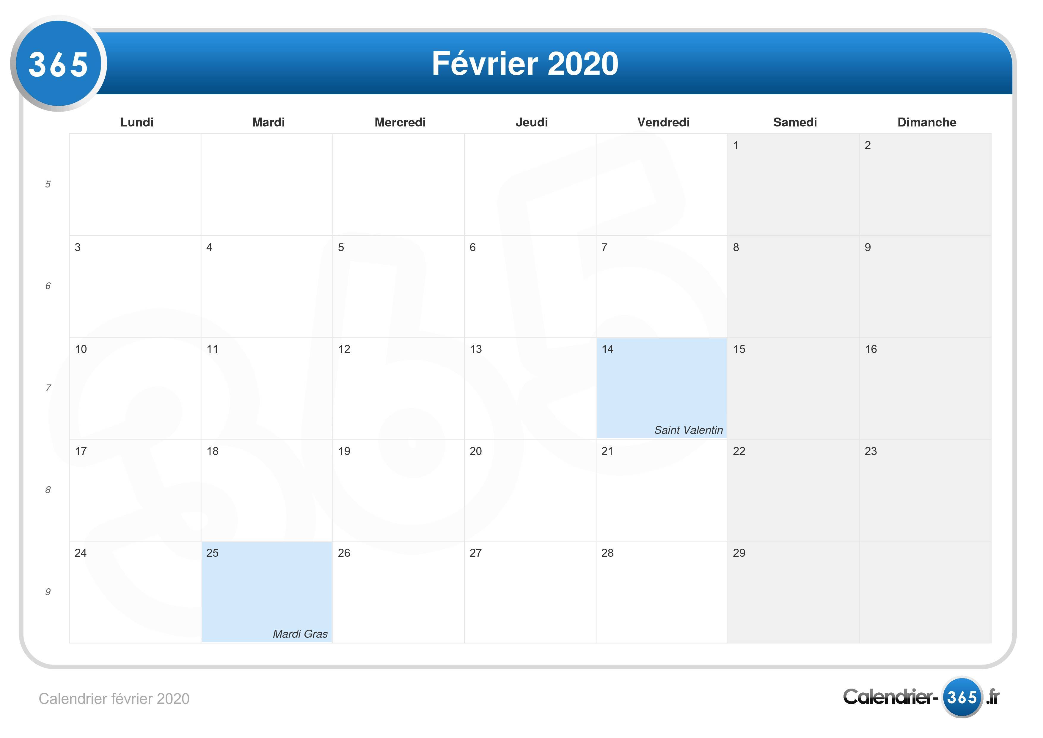 Calendrier Février 2020