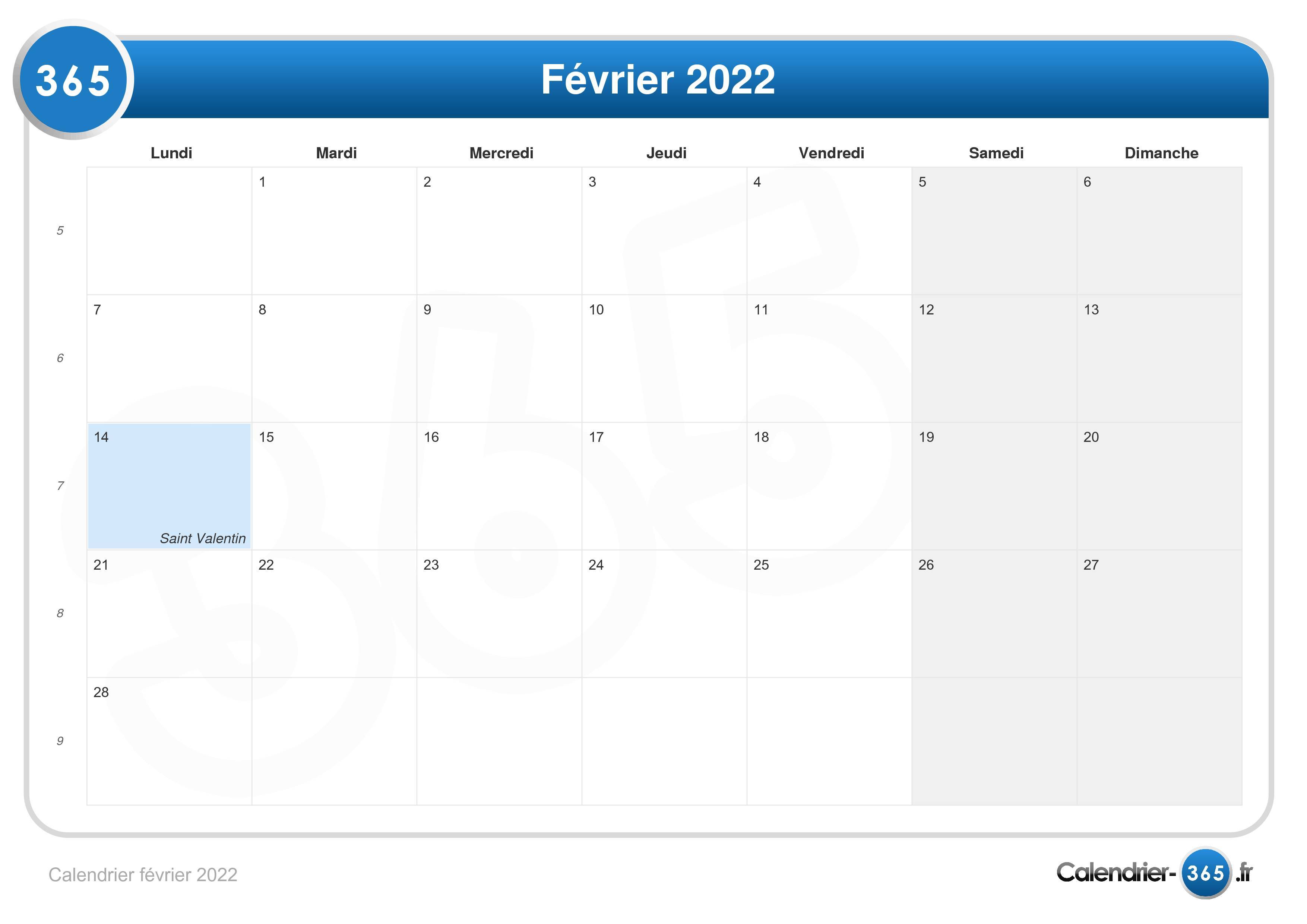 Calendrier Fevrier 2022 Calendrier février 2022