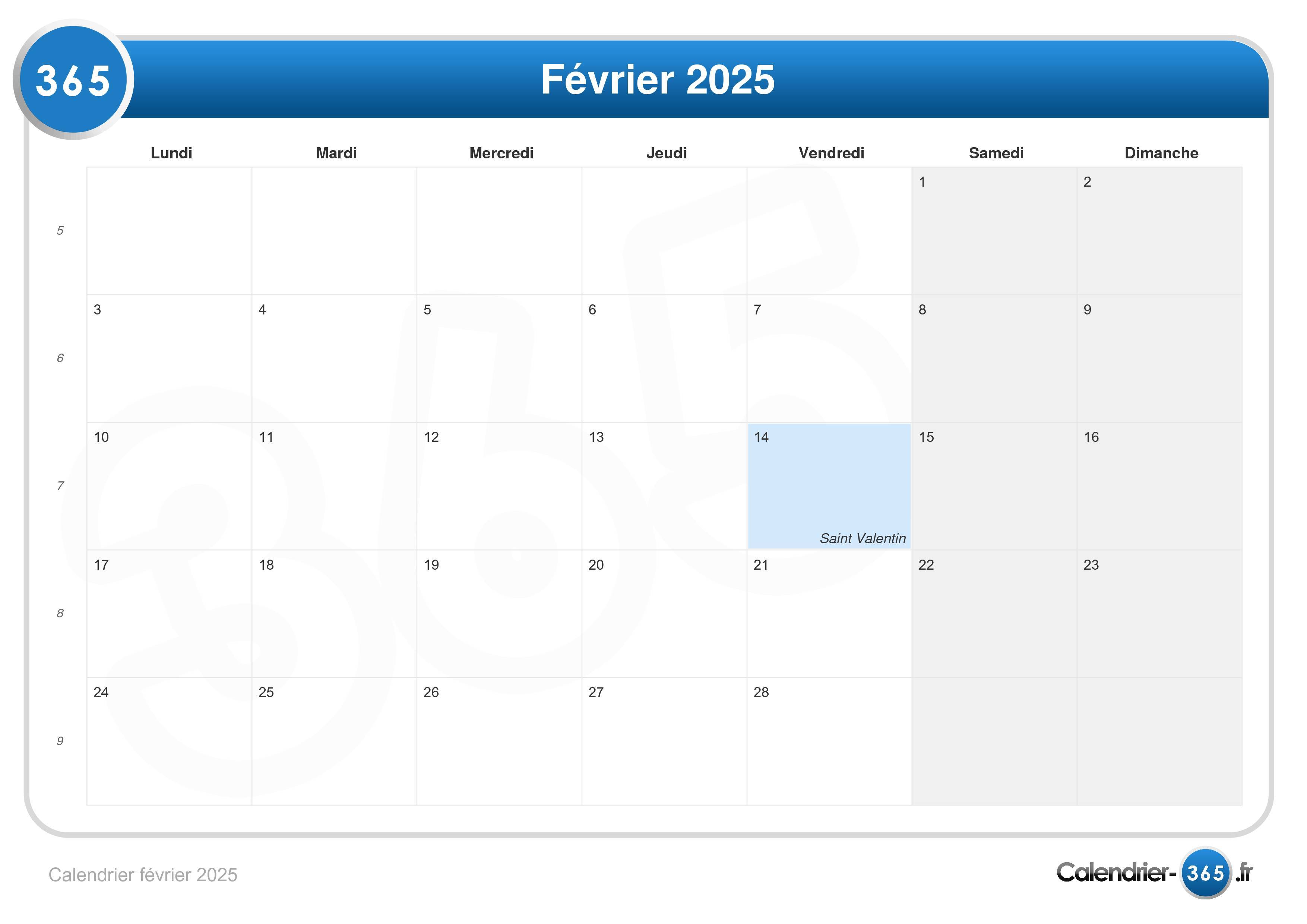Calendrier février 2025