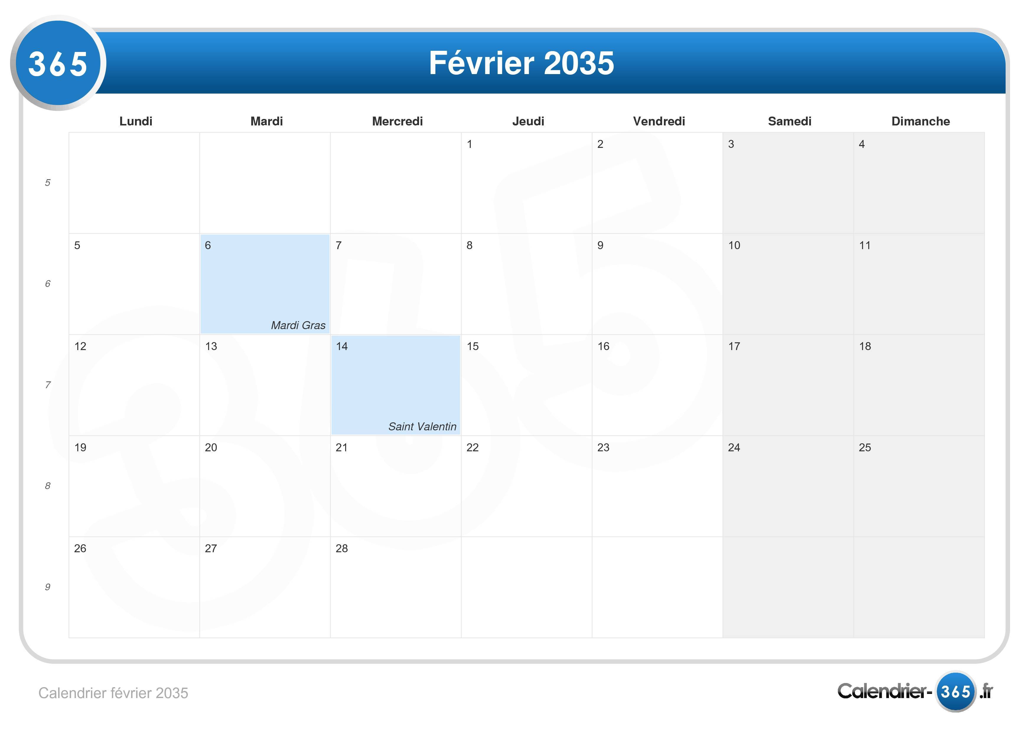 Calendrier février 2035