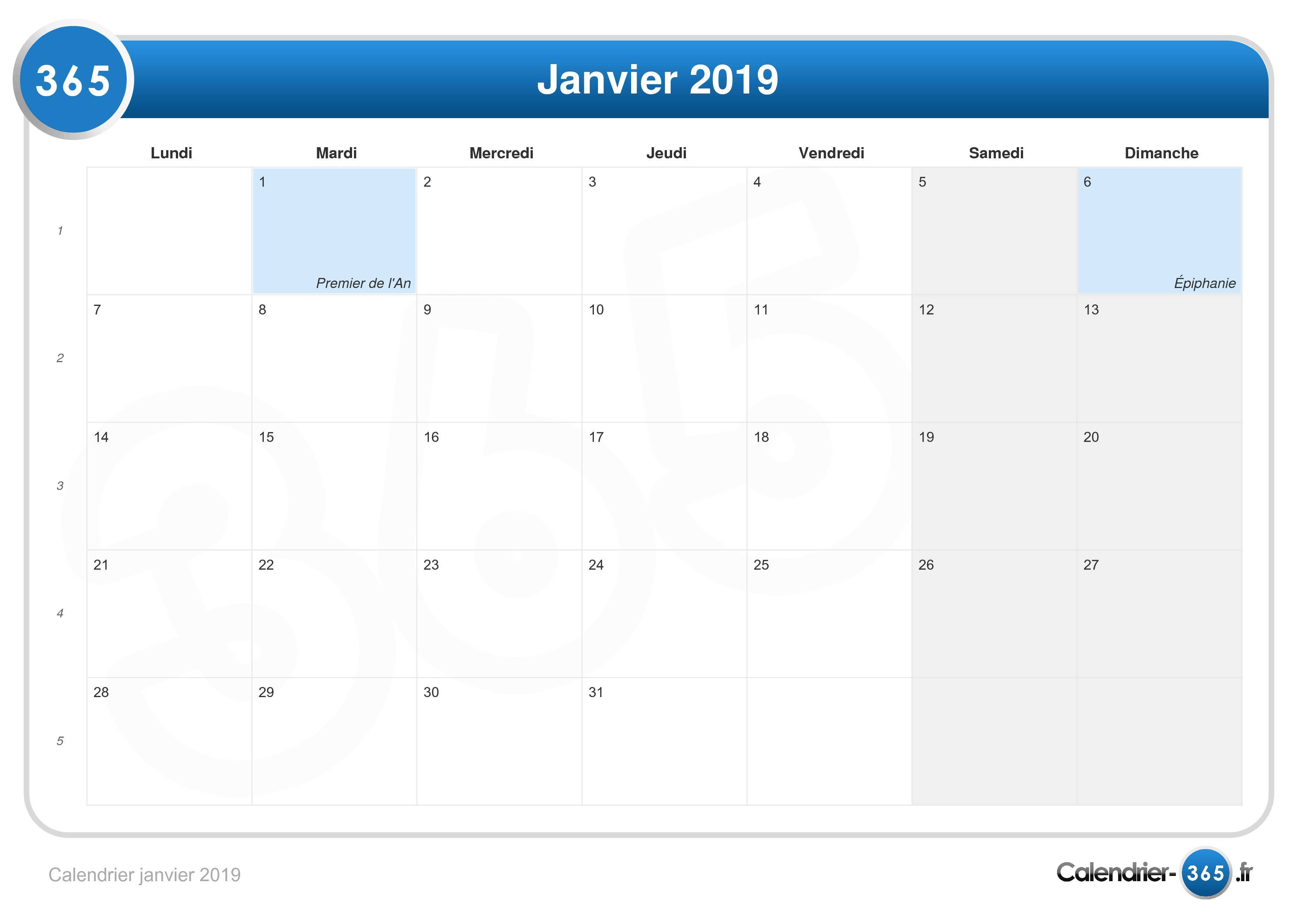 Calendrier Janvier 2019