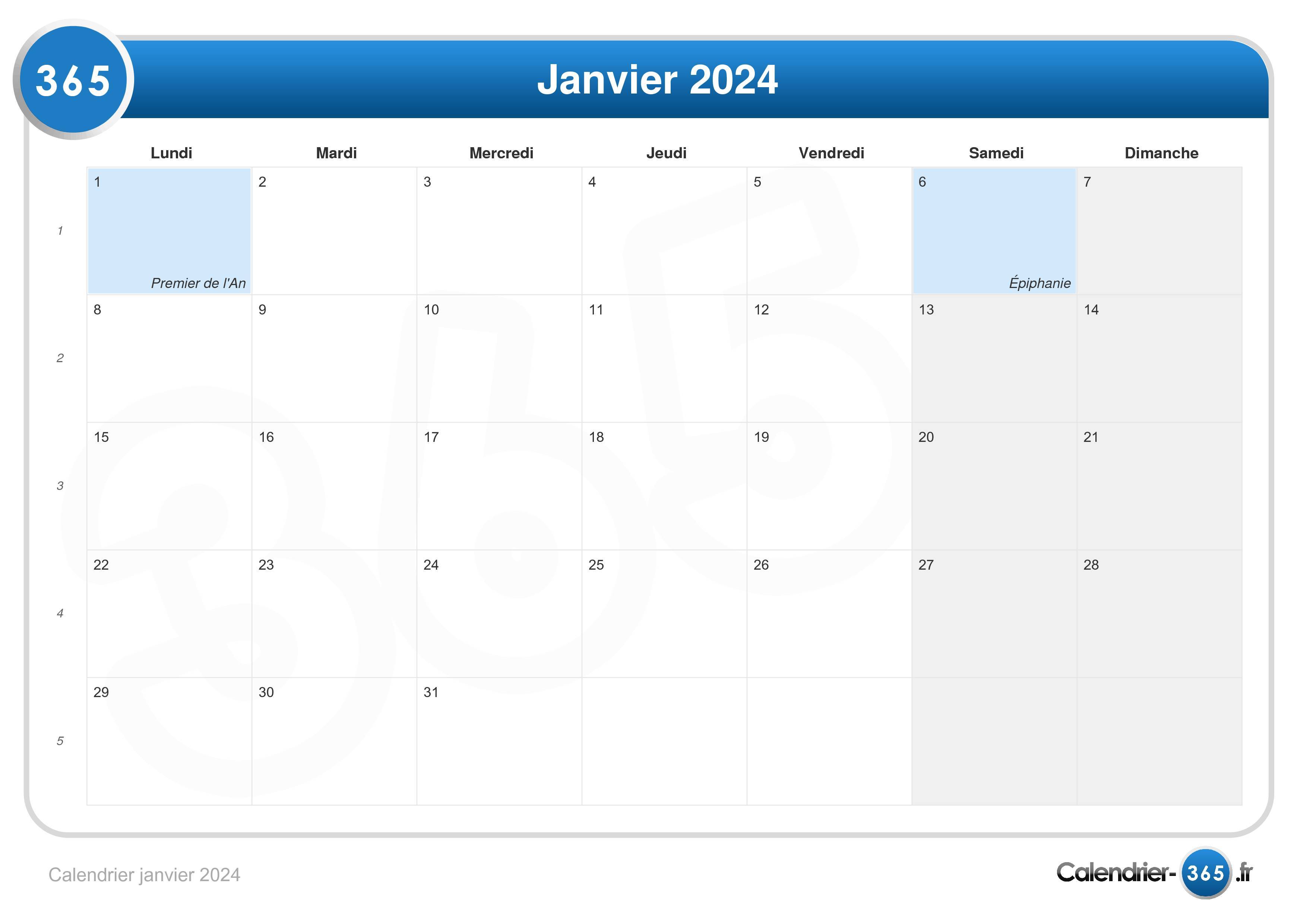 Janvier 2024 Feuille Calendrier Semaine Commence Lundi