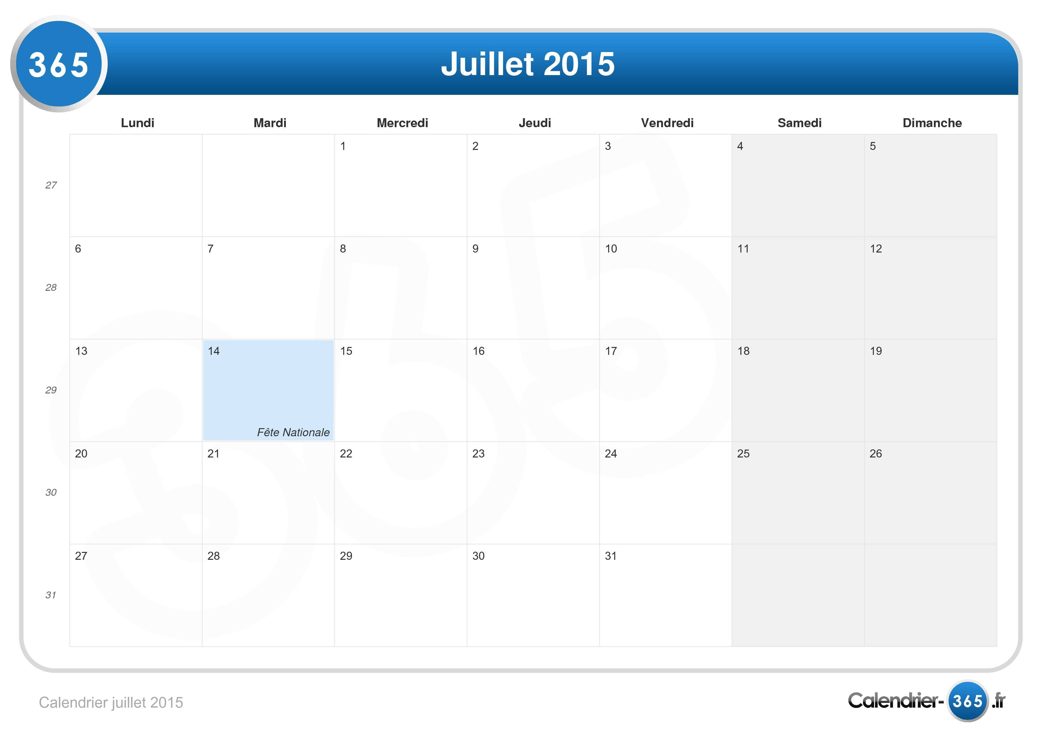 Calendrier Juillet 2015