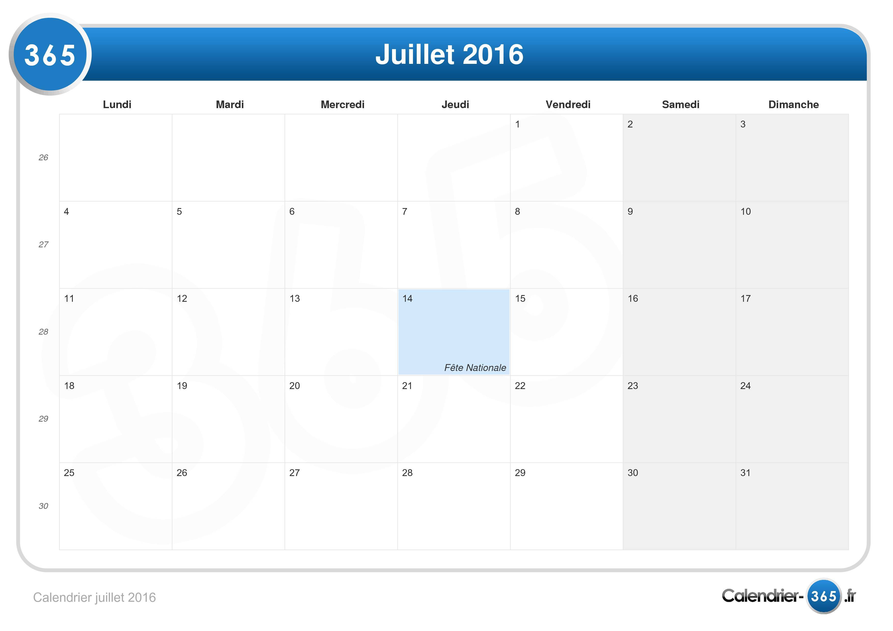 Calendrier Juillet 2016