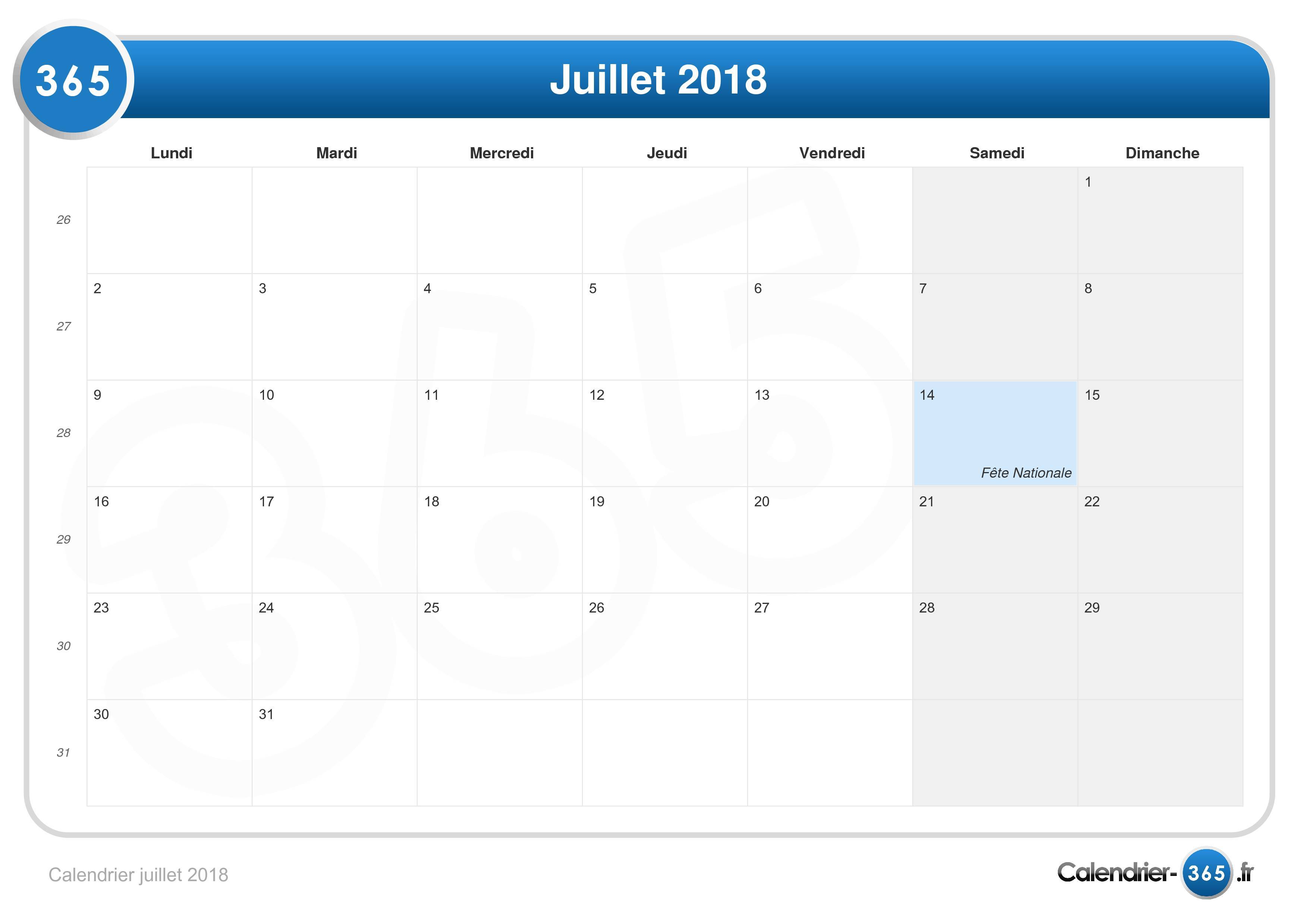 Calendrier Juillet 2018