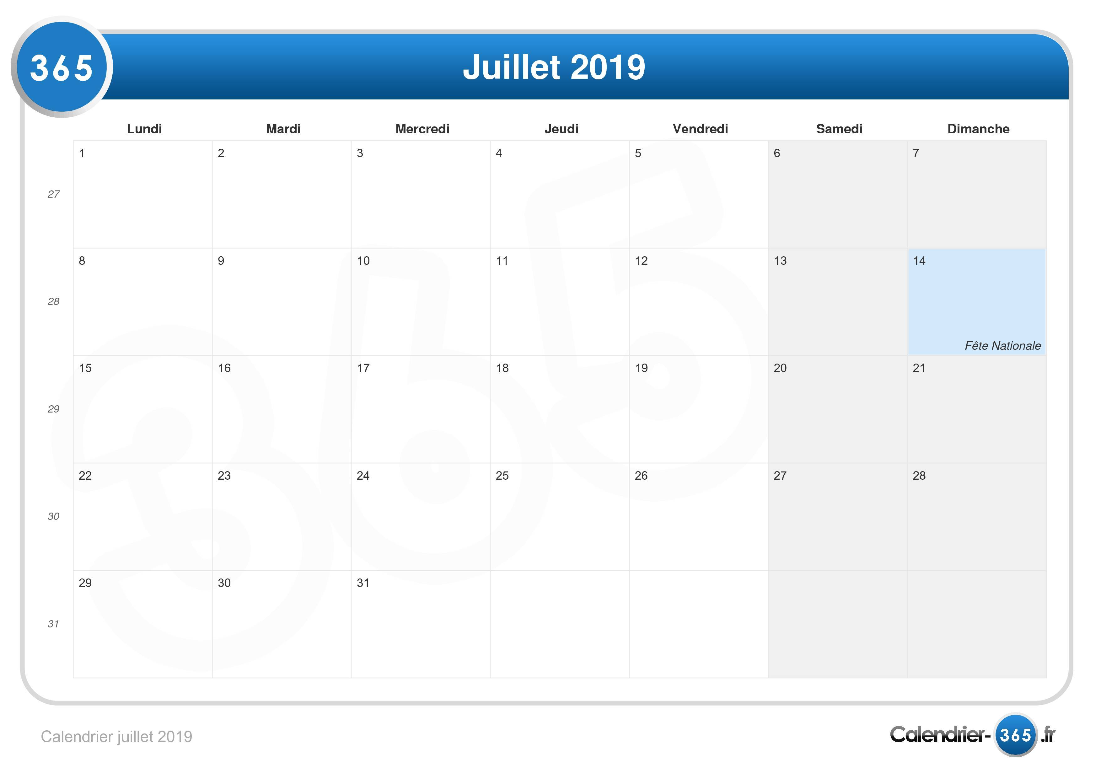 Calendrier Juillet 2019