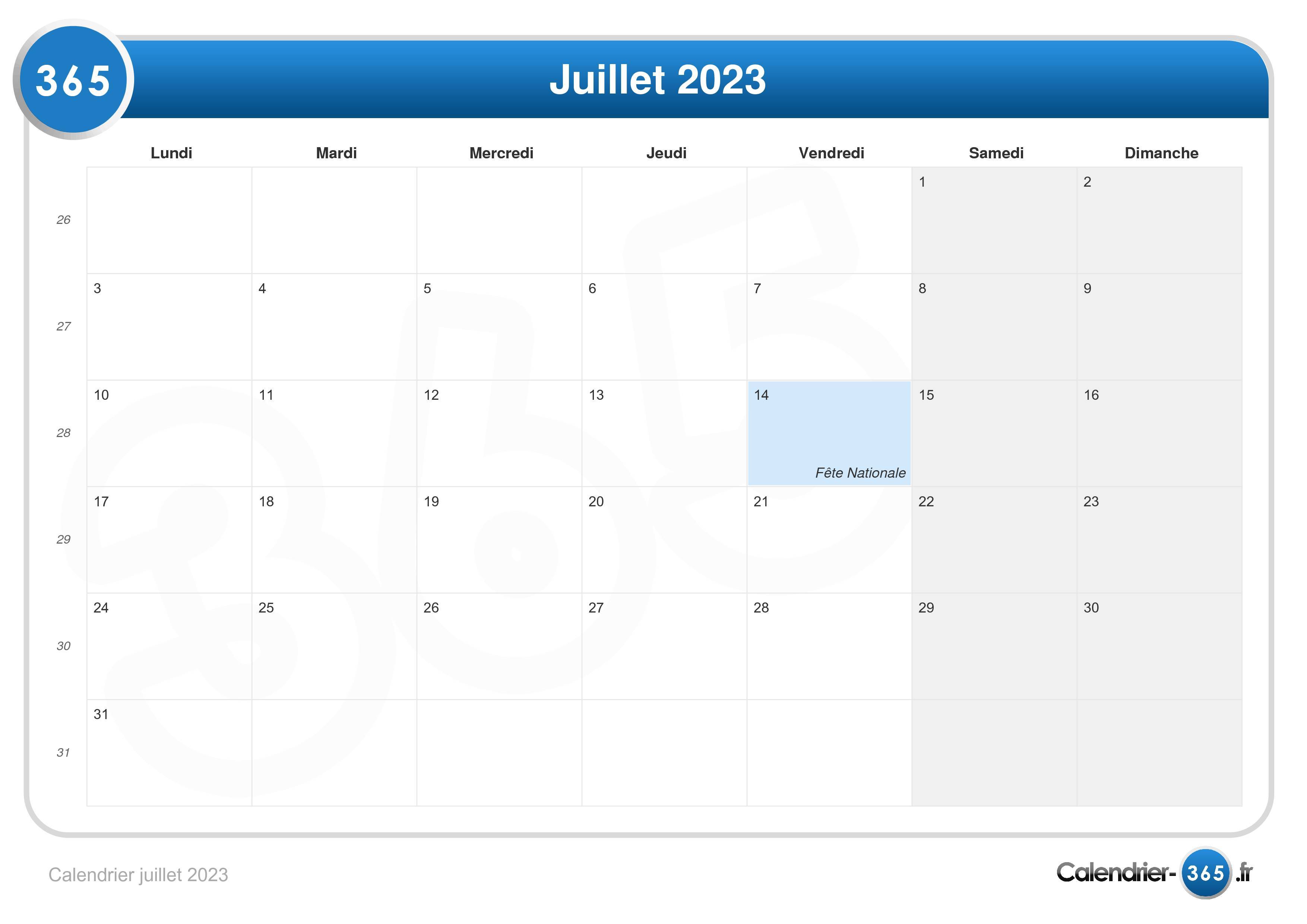 Calendrier Juillet 2023