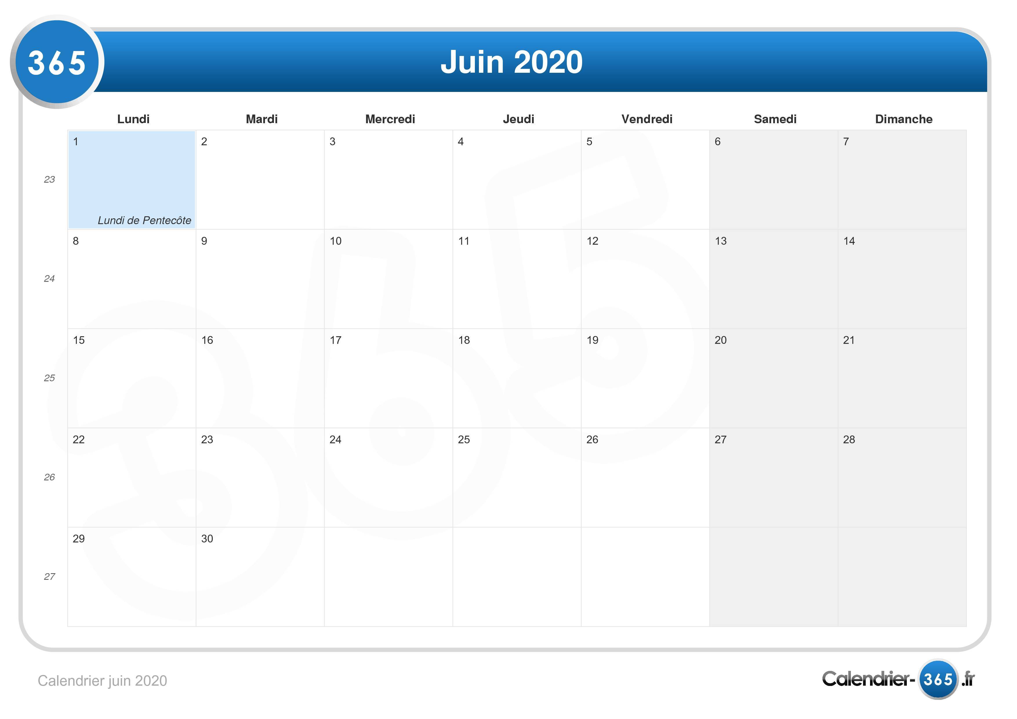 Calendrier Juin 2020