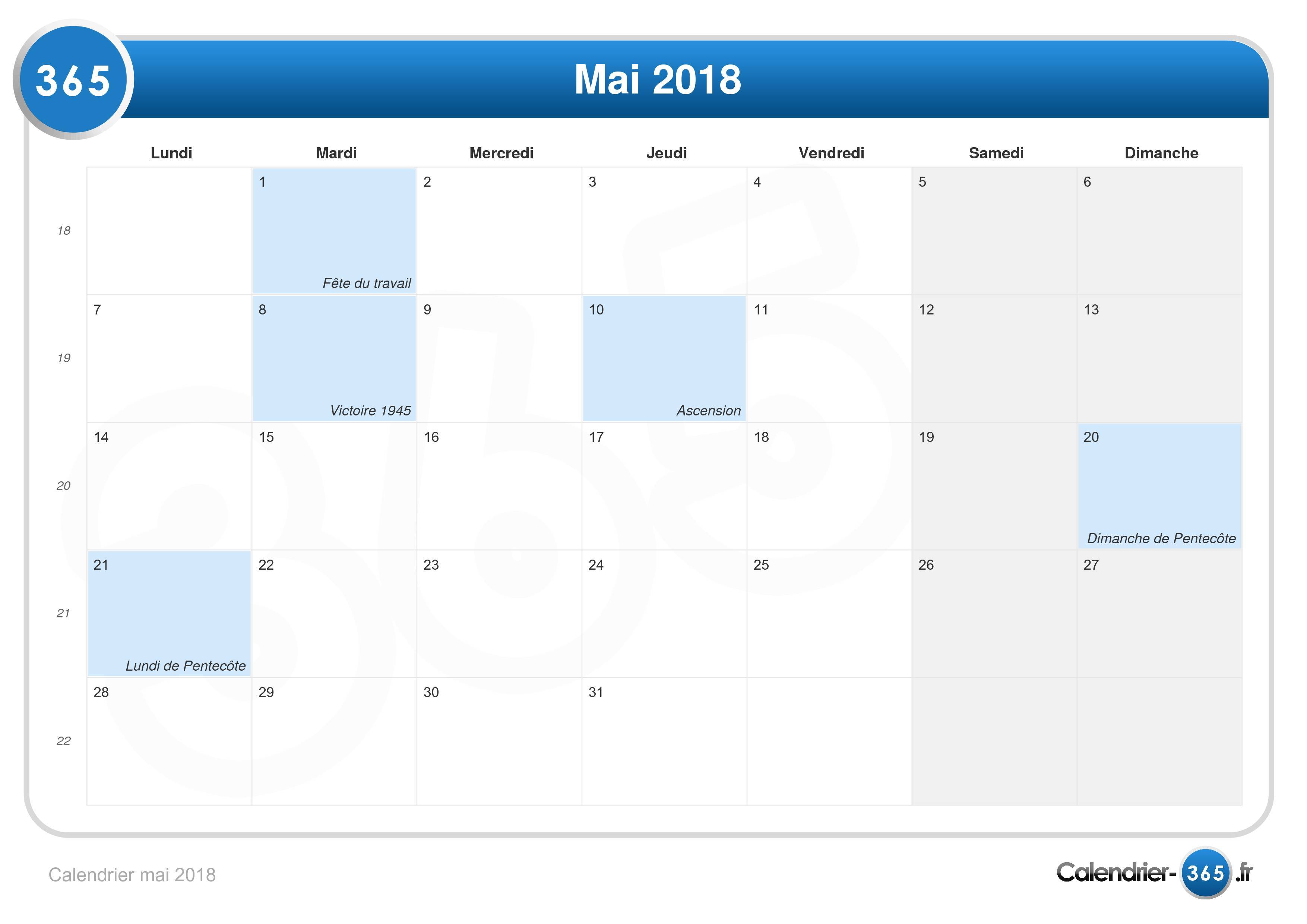 Calendrier Mai 2018