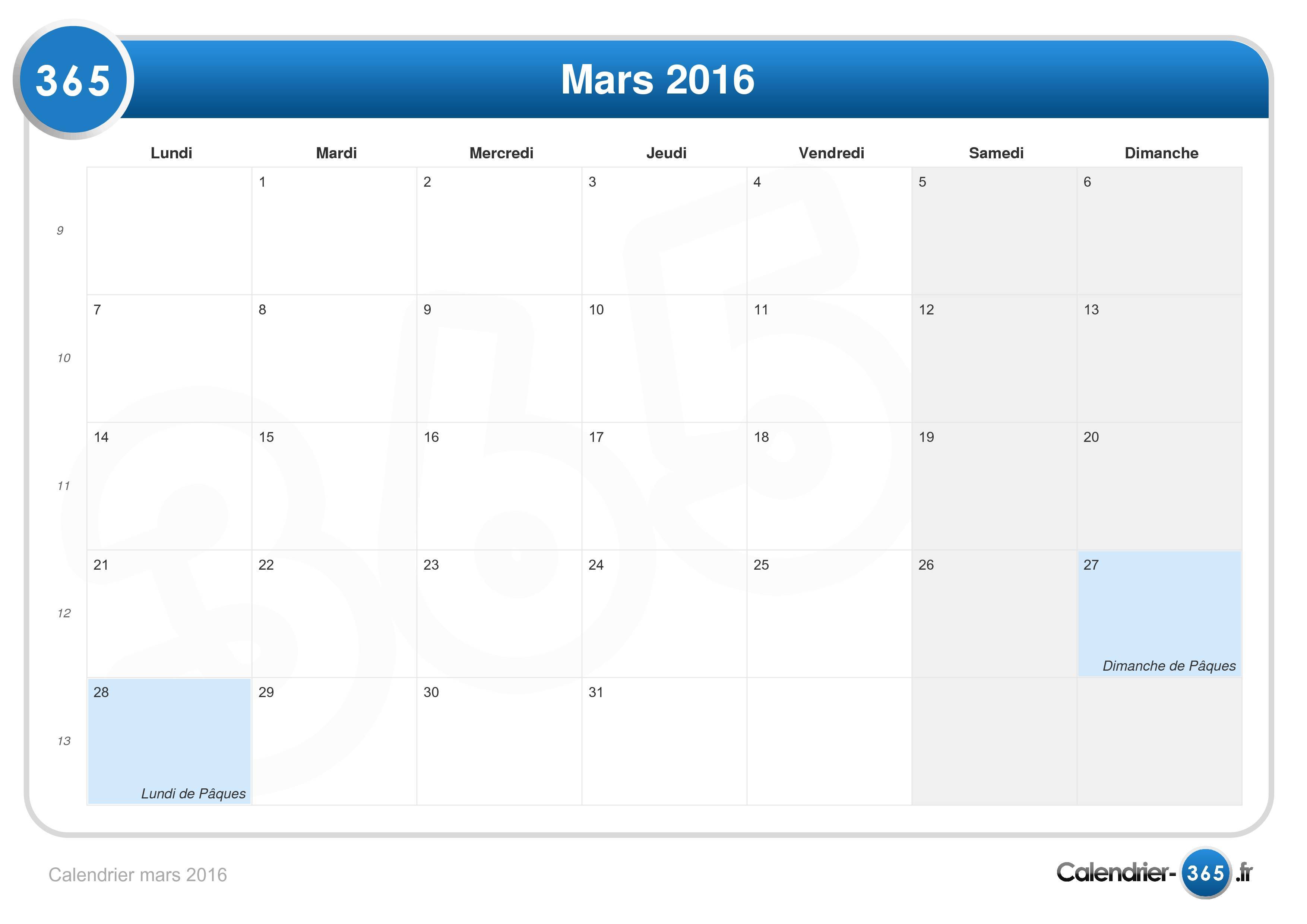 Calendrier Mars 2016