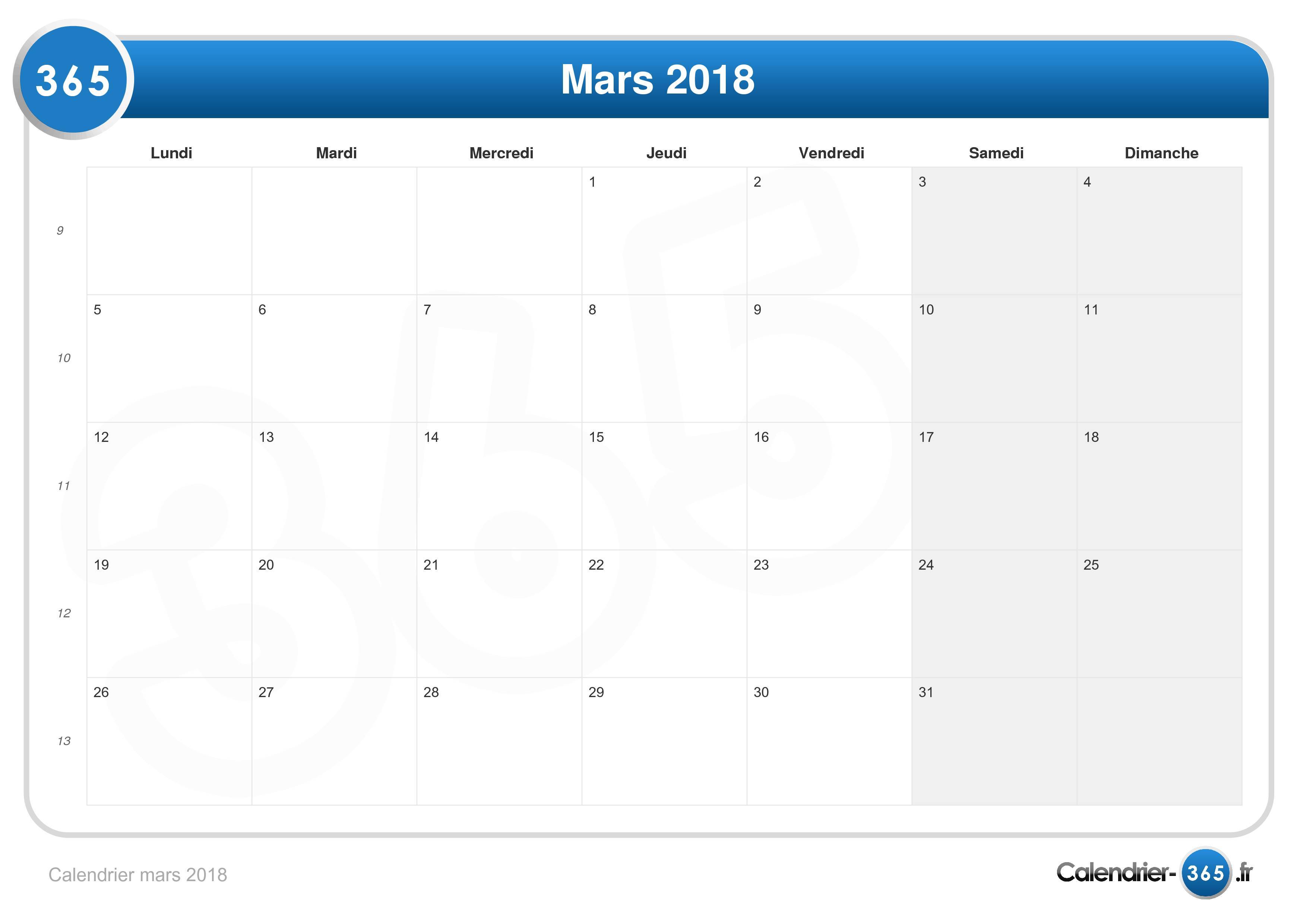 Calendrier Mars 2018