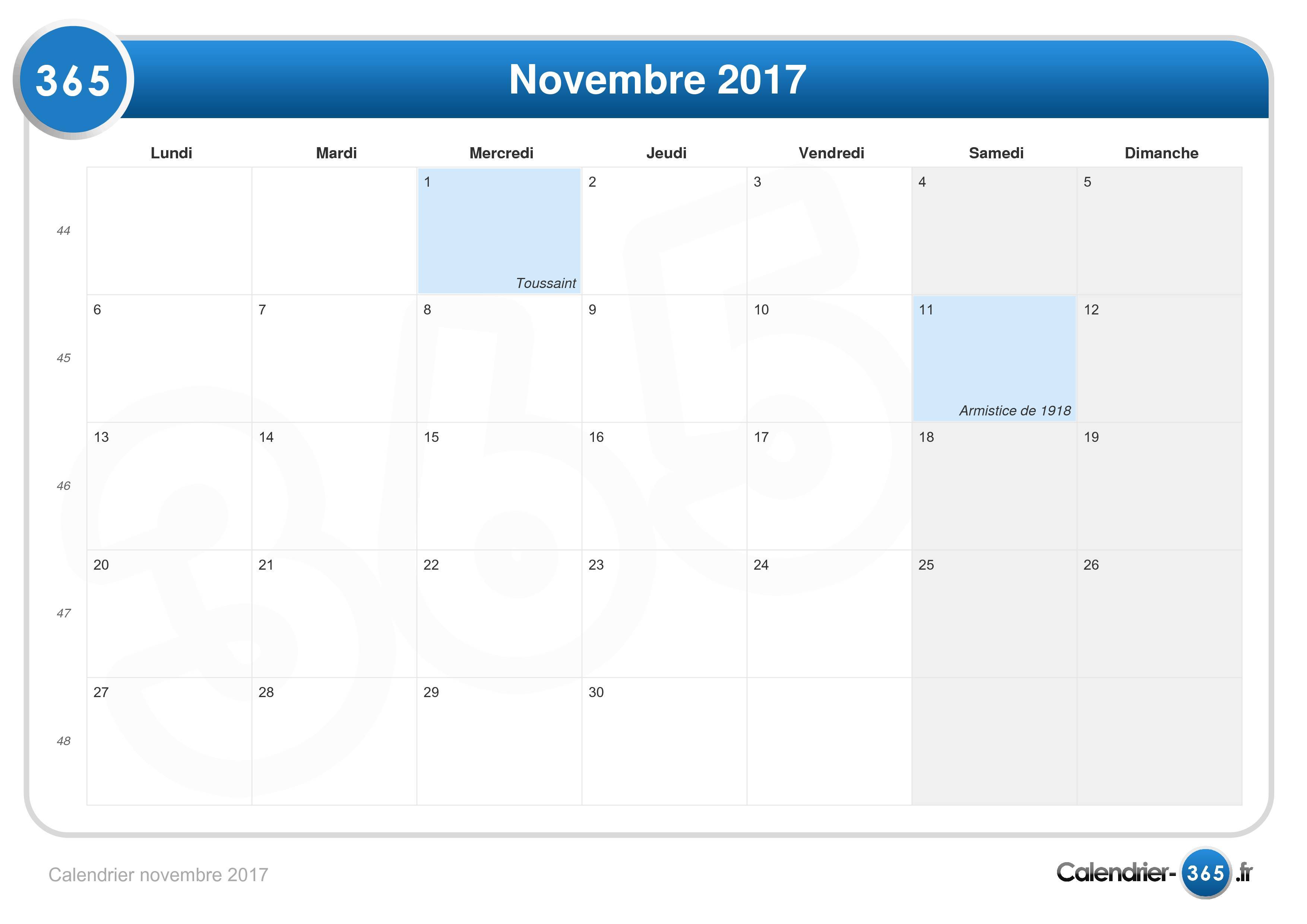 Calendrier Novembre 2017