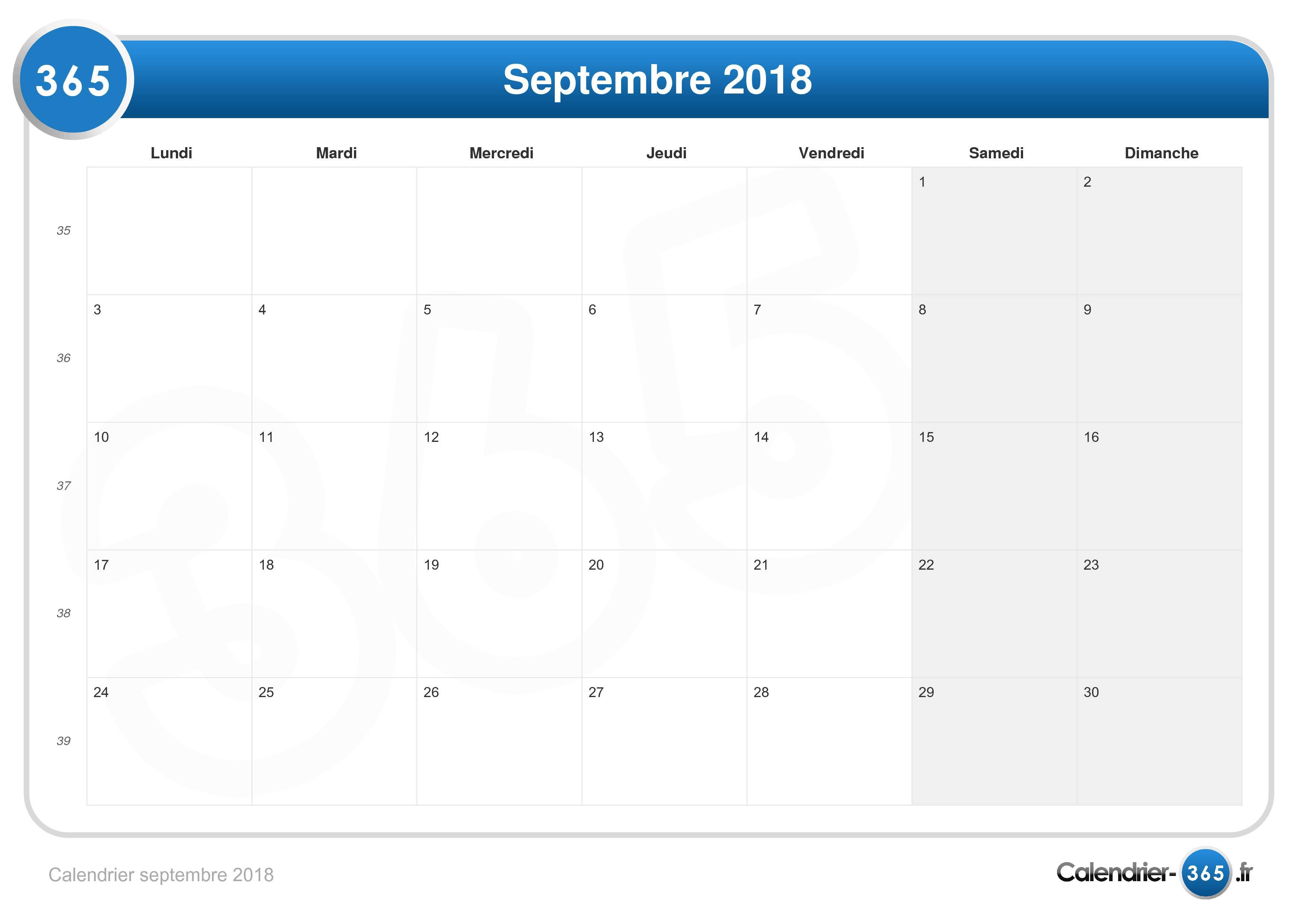 Calendrier Septembre 2018